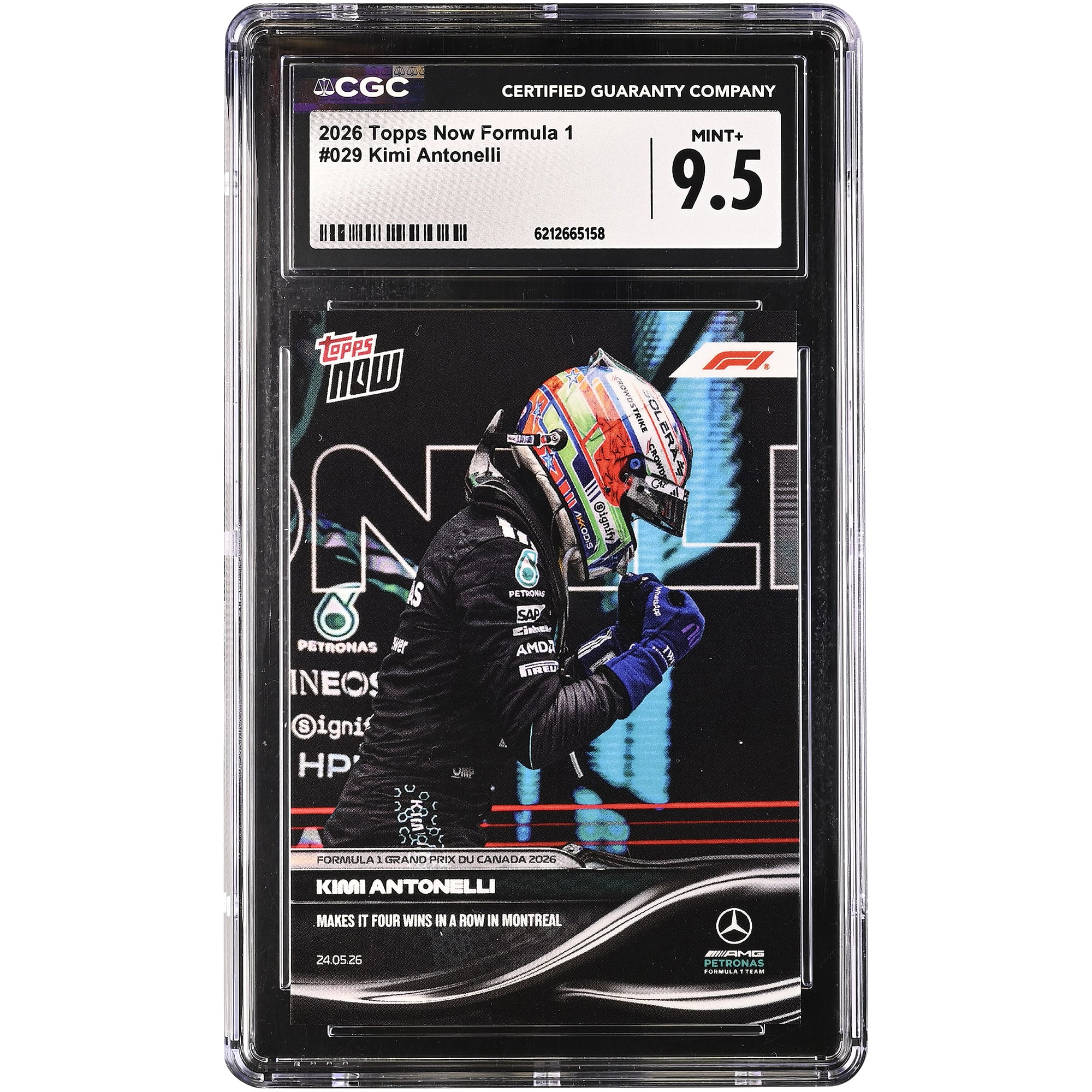 Kimi Antonelli, Mercedes-AMG Petronas F1 Team, carte Topps Now Formula 1 2026 : Quatrième victoire consécutive à Montréal, n° 29, authentifiée CGC, état neuf+ (9,5/10).