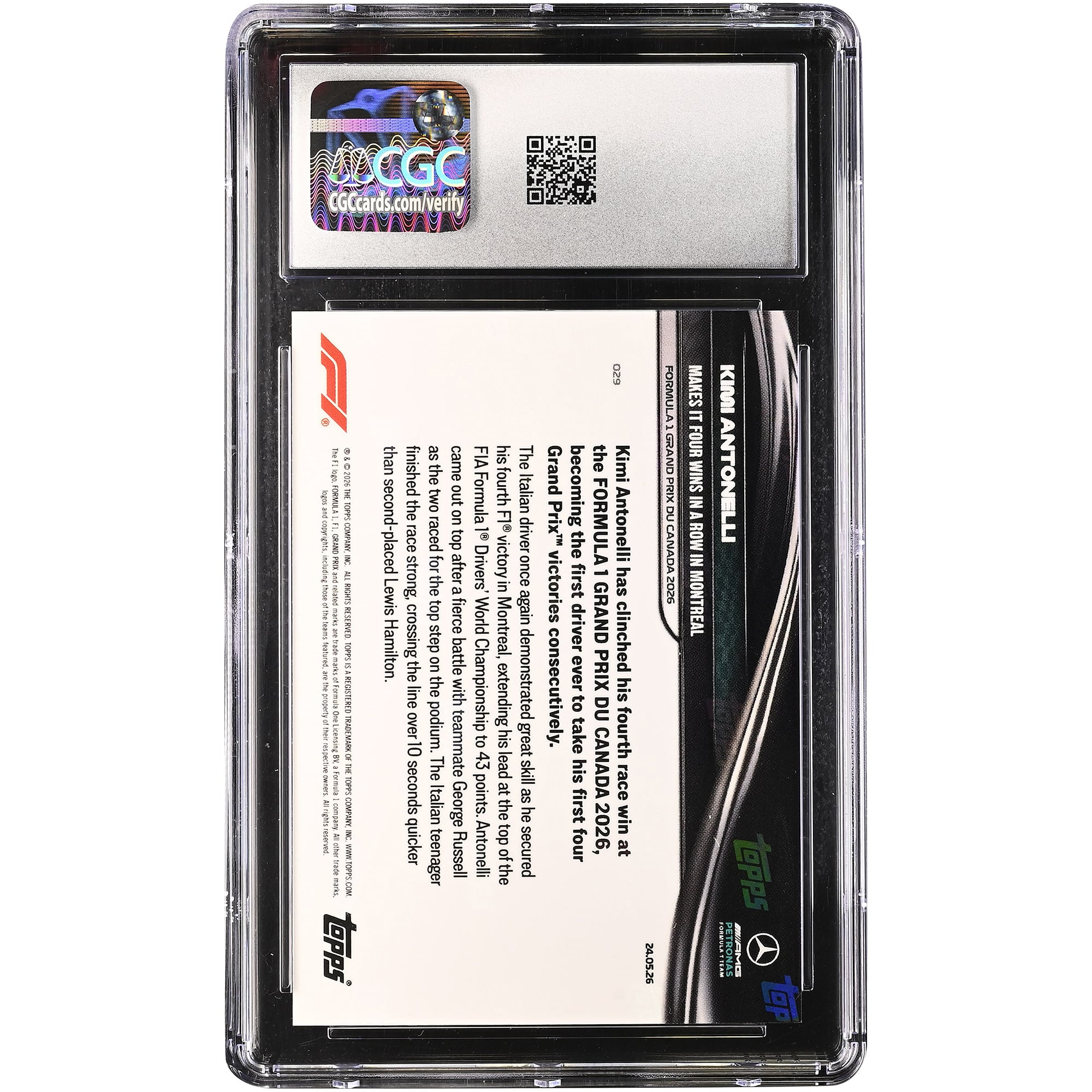 Kimi Antonelli, Mercedes-AMG Petronas F1 Team, carte Topps Now Formula 1 2026 : Quatrième victoire consécutive à Montréal, n° 29, authentifiée CGC, état neuf+ (9,5/10).