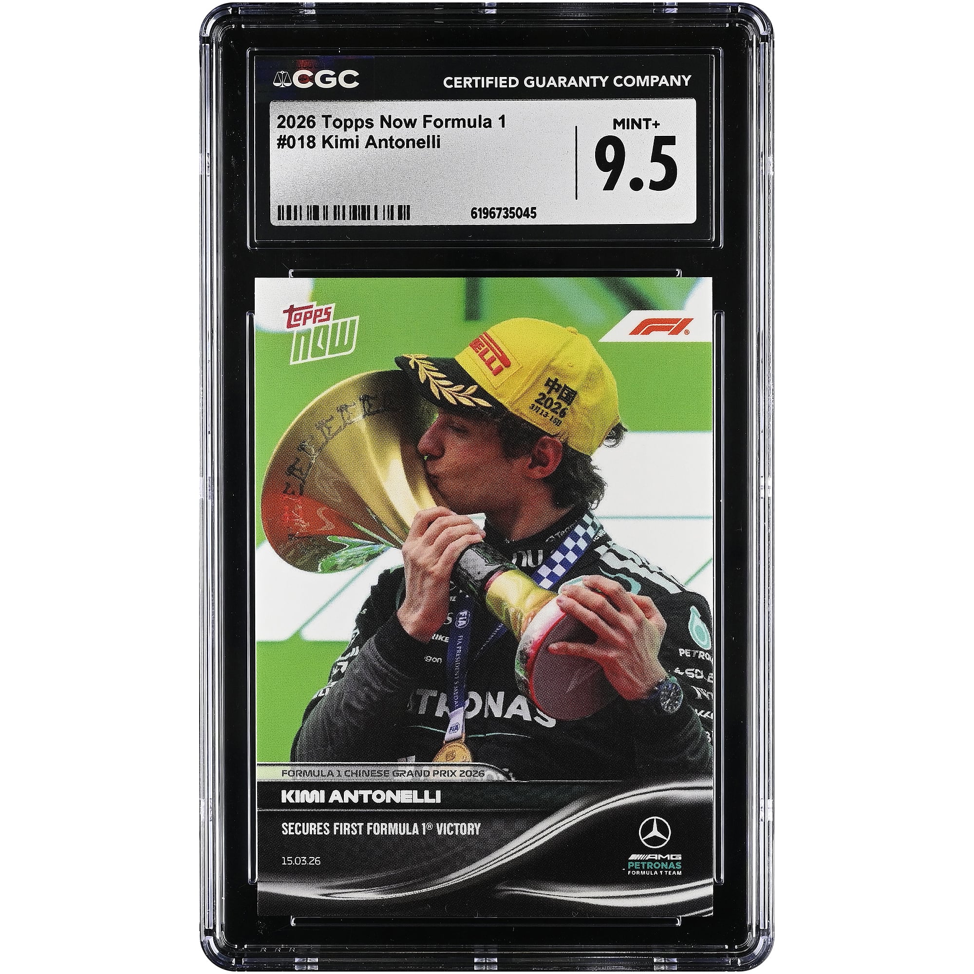 Kimi Antonelli, Mercedes-AMG Petronas F1 Team, carte Topps Now Formula 1 2026 : première victoire en Formule 1, n° 18, authentifiée CGC, état neuf+ (9,5/10).