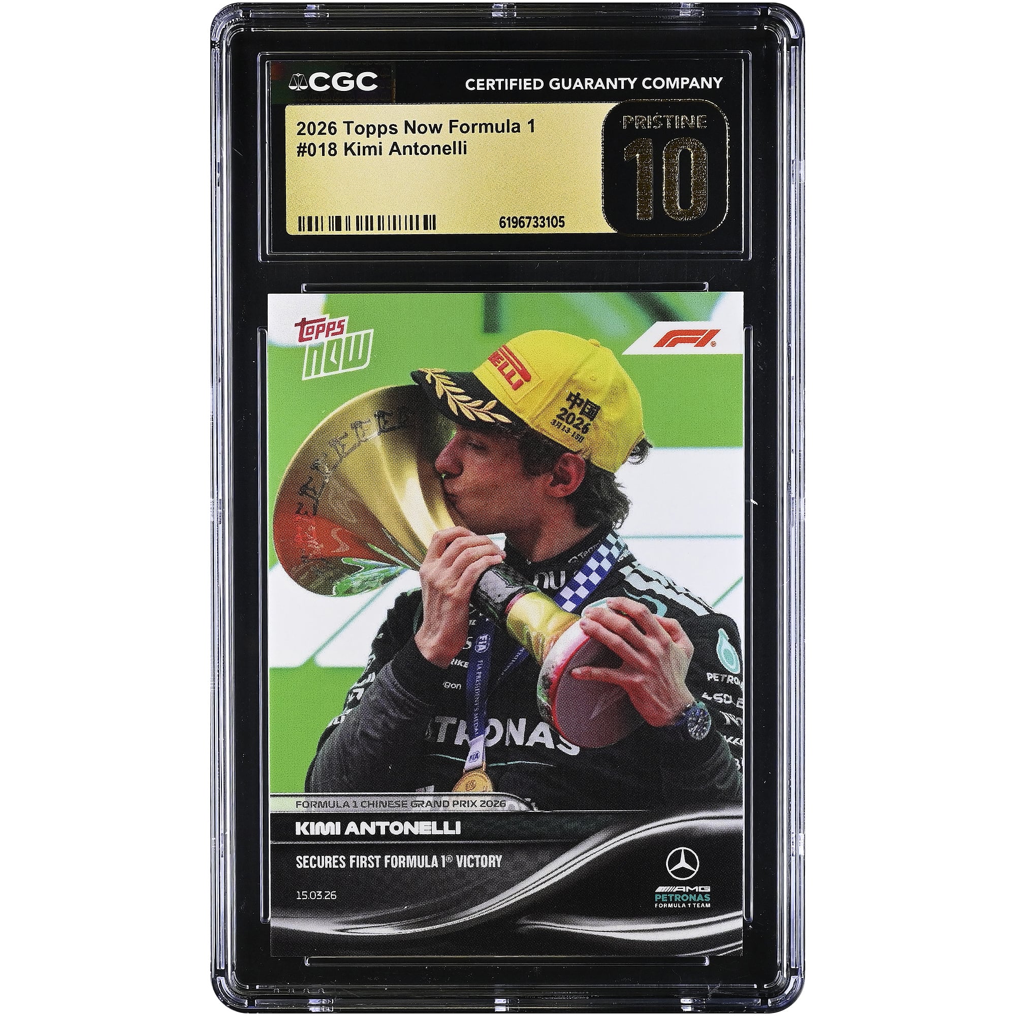 Kimi Antonelli, Mercedes-AMG Petronas F1 Team, carte Topps Now Formula 1 2026 : première victoire en Formule 1, n° 18, authentifiée CGC