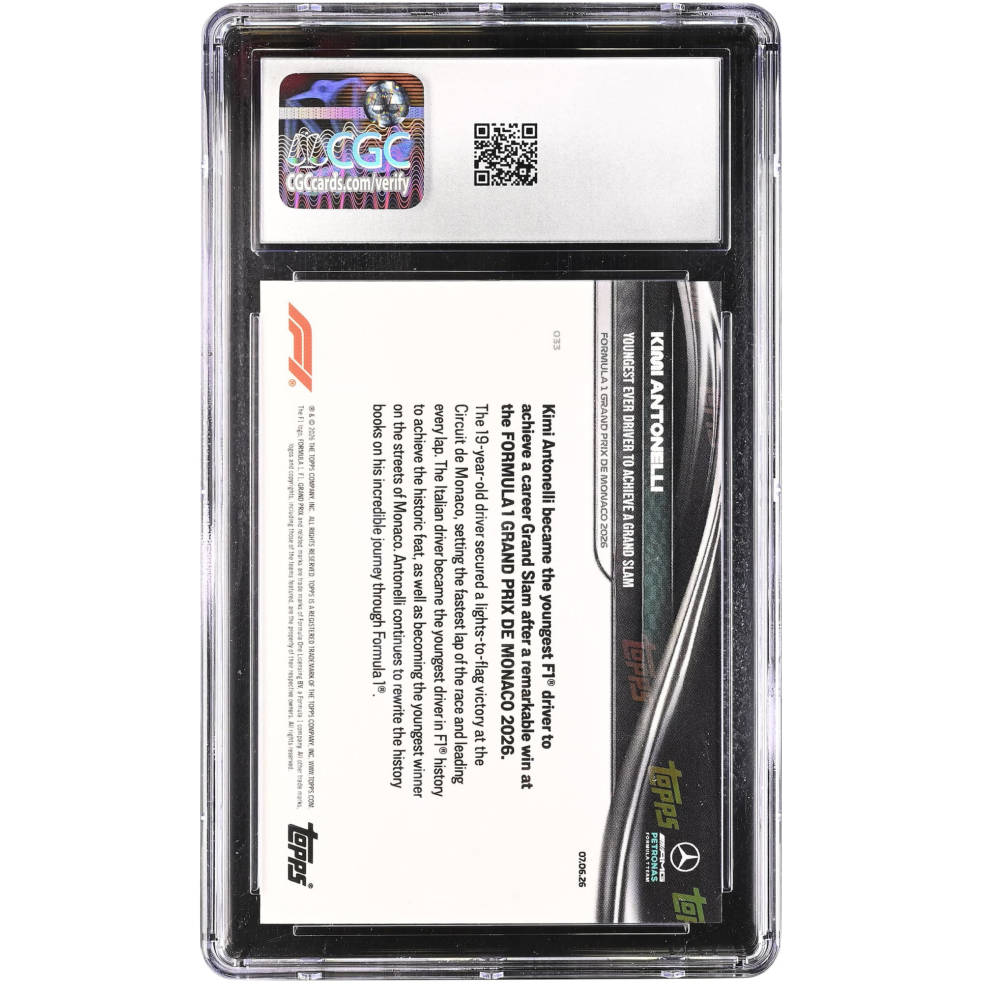 Kimi Antonelli, Mercedes-AMG Petronas F1 Team, carte Topps Now 2026, plus jeune pilote de Formule 1 à réaliser le Grand Chelem, n° 33, authentifiée CGC, état neuf.