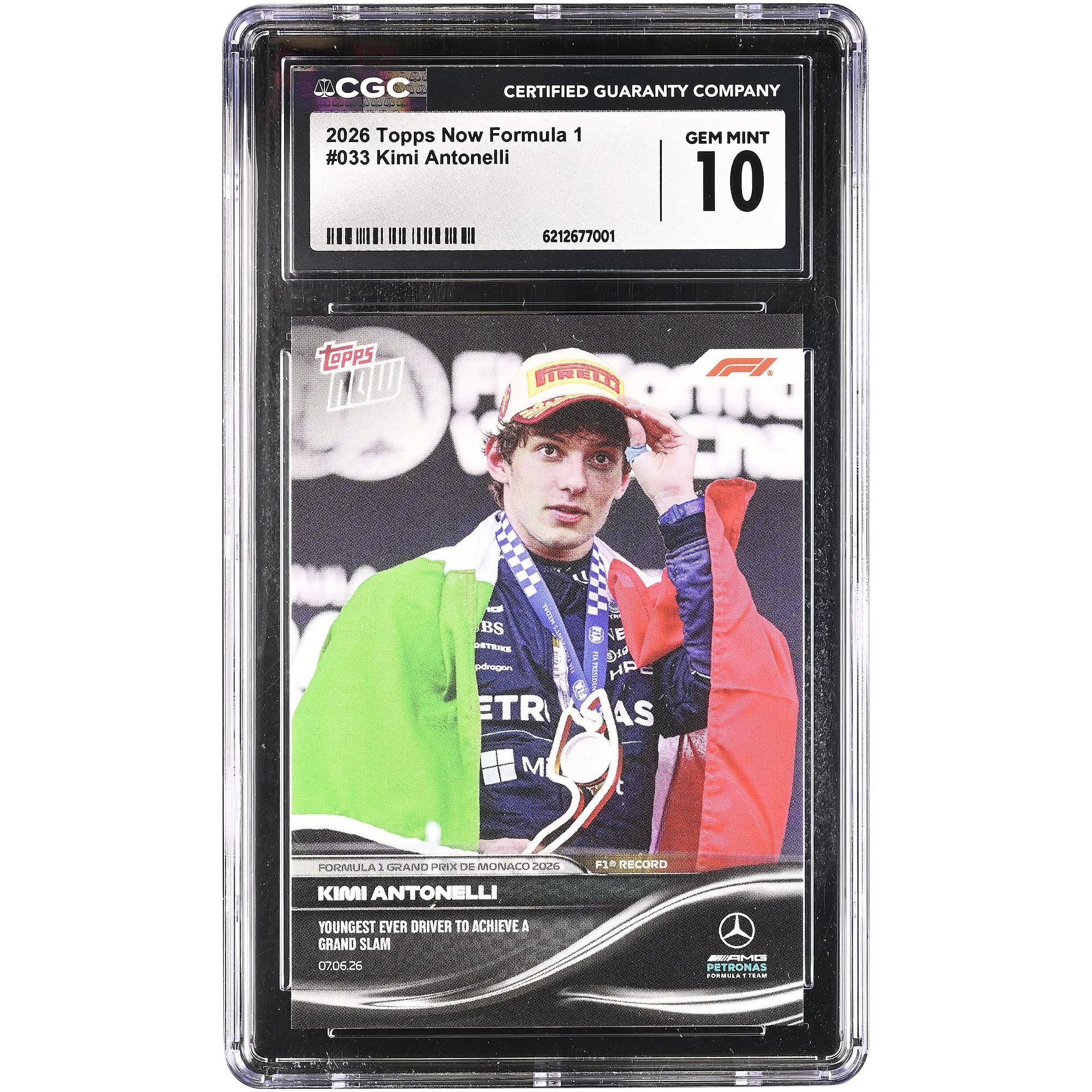 Kimi Antonelli, Mercedes-AMG Petronas F1 Team, carte Topps Now 2026, plus jeune pilote de Formule 1 à réaliser le Grand Chelem, n° 33, authentifiée CGC, état neuf.