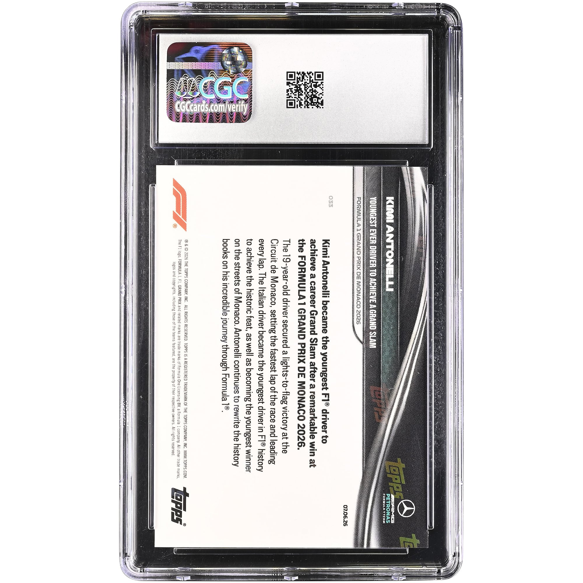 Kimi Antonelli, Mercedes-AMG Petronas F1 Team, carte Topps Now 2026, Formule 1, plus jeune pilote à avoir réalisé le Grand Chelem, n° 33, authentifiée CGC MINT+ 9.5