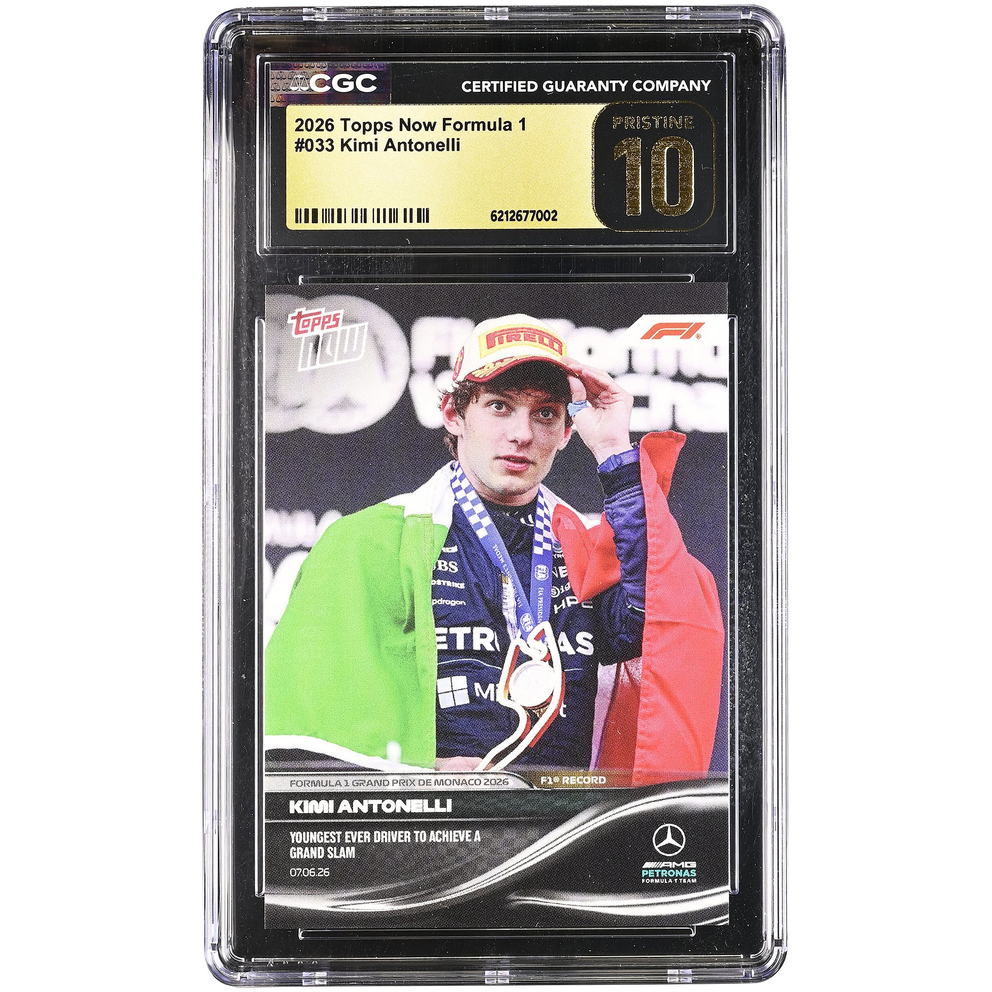 Kimi Antonelli, Mercedes-AMG Petronas F1 Team, carte Topps Now 2026, Formule 1, plus jeune pilote à avoir réalisé le Grand Chelem, n° 33, authentifiée CGC, état PRISTINE 10.