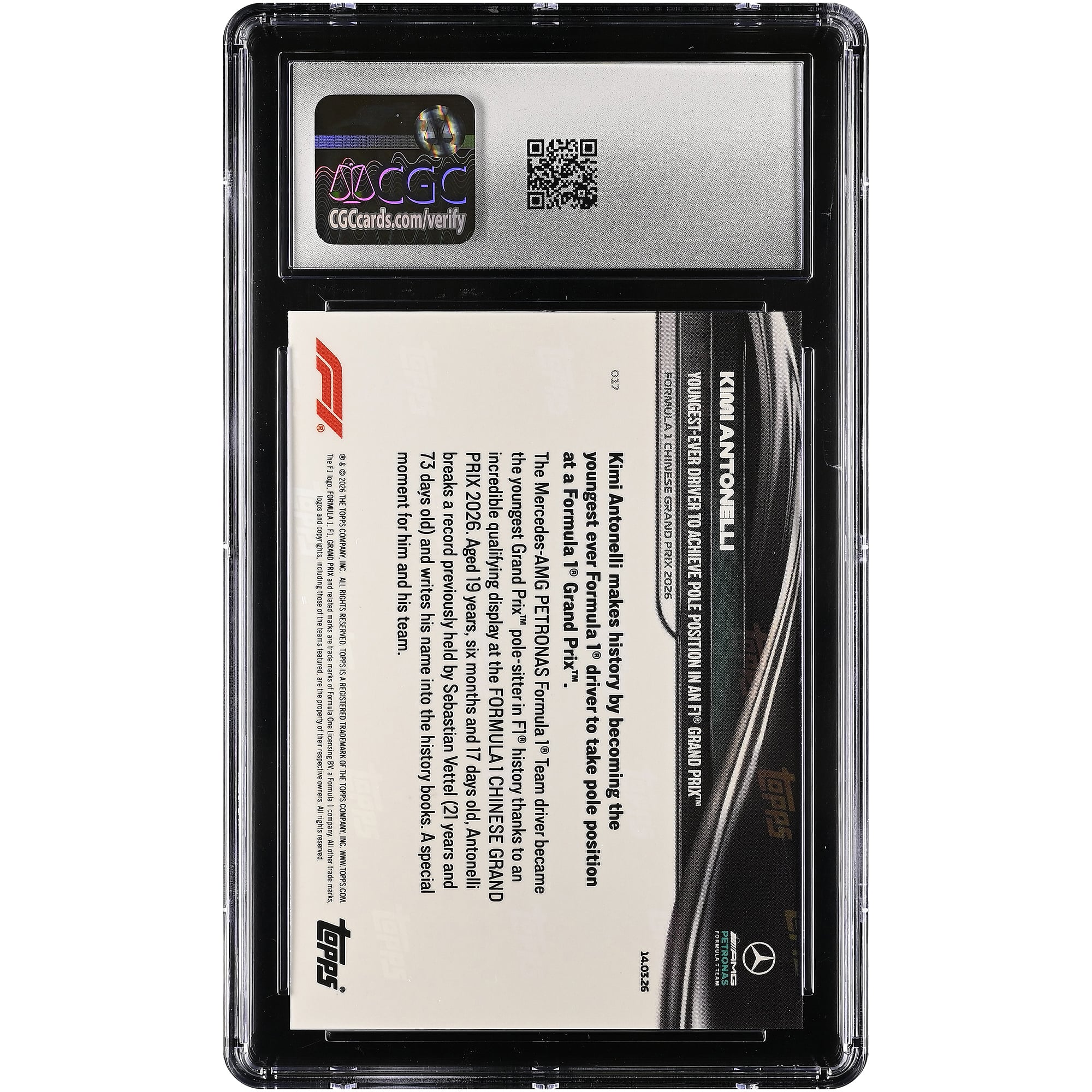 Kimi Antonelli, Mercedes-AMG Petronas F1 Team, carte Topps Now 2026, plus jeune pilote de Formule 1 à avoir décroché une pole position en Grand Prix de F1, n° 17, authentifiée CGC MINT+ 9.5.