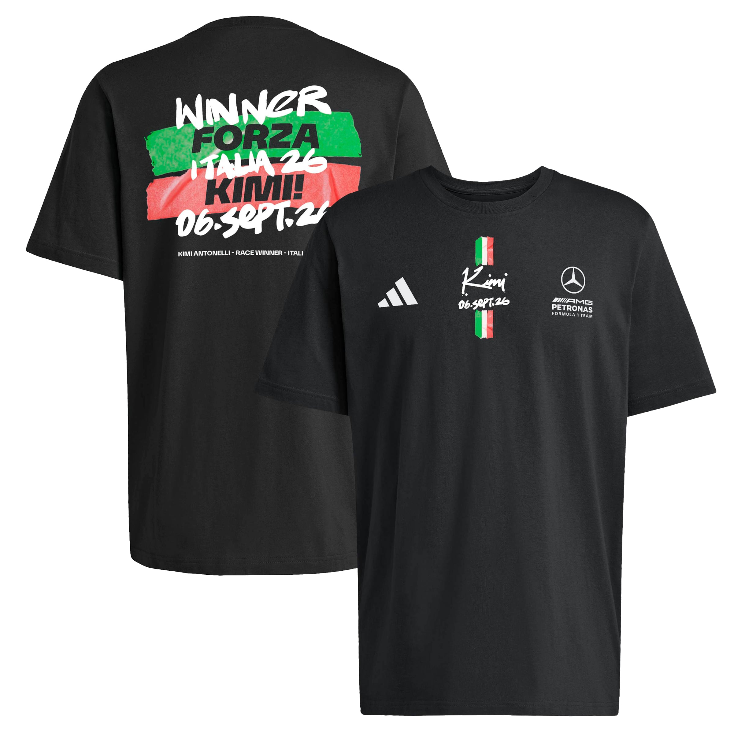 T-shirt adidas homme Kimi Antonelli noir Mercedes-AMG Petronas F1 Team 2026, vainqueur du Grand Prix d'Italie