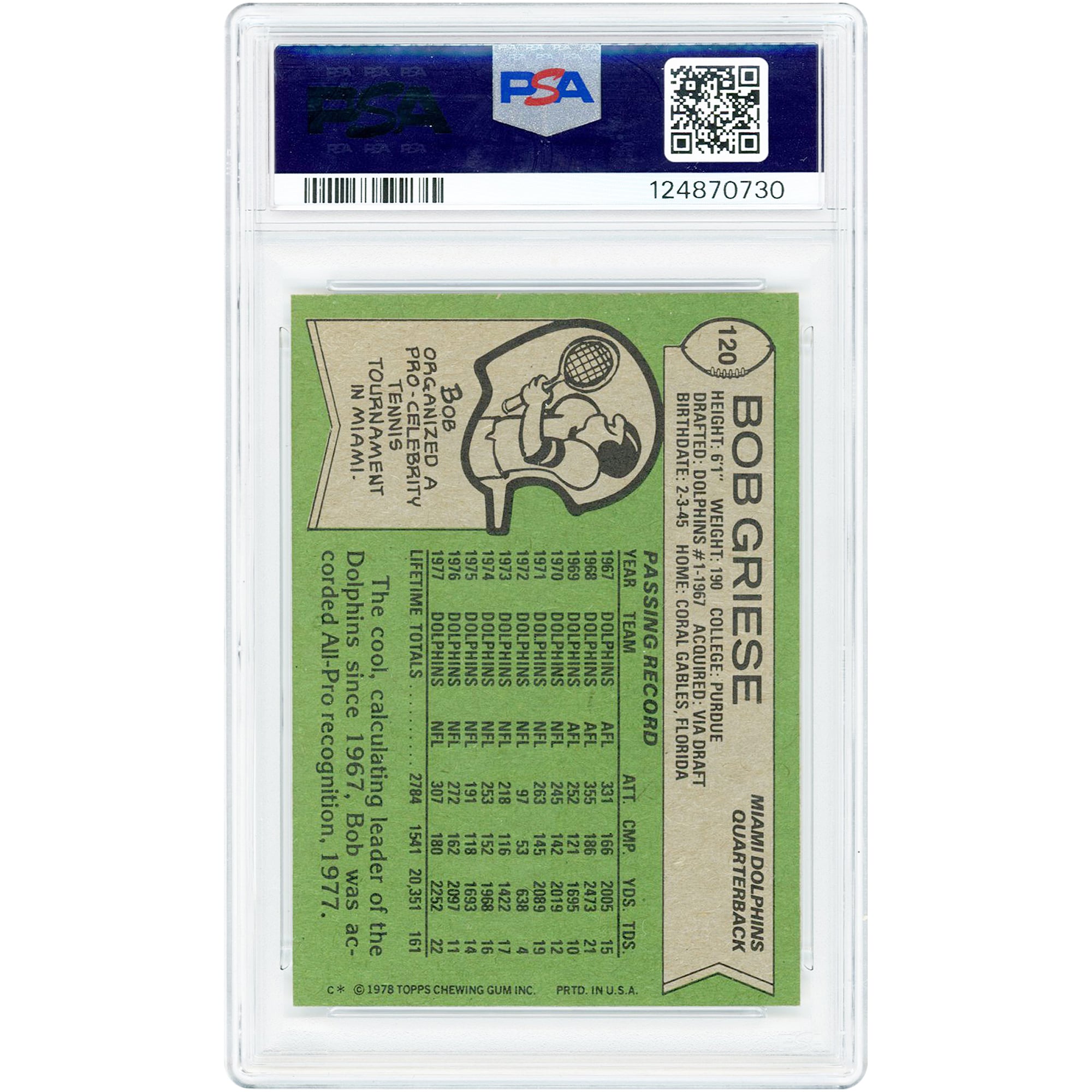 Bob Griese Miami Dolphins 1978 Topps #120 PSA Authenticated 9 Card