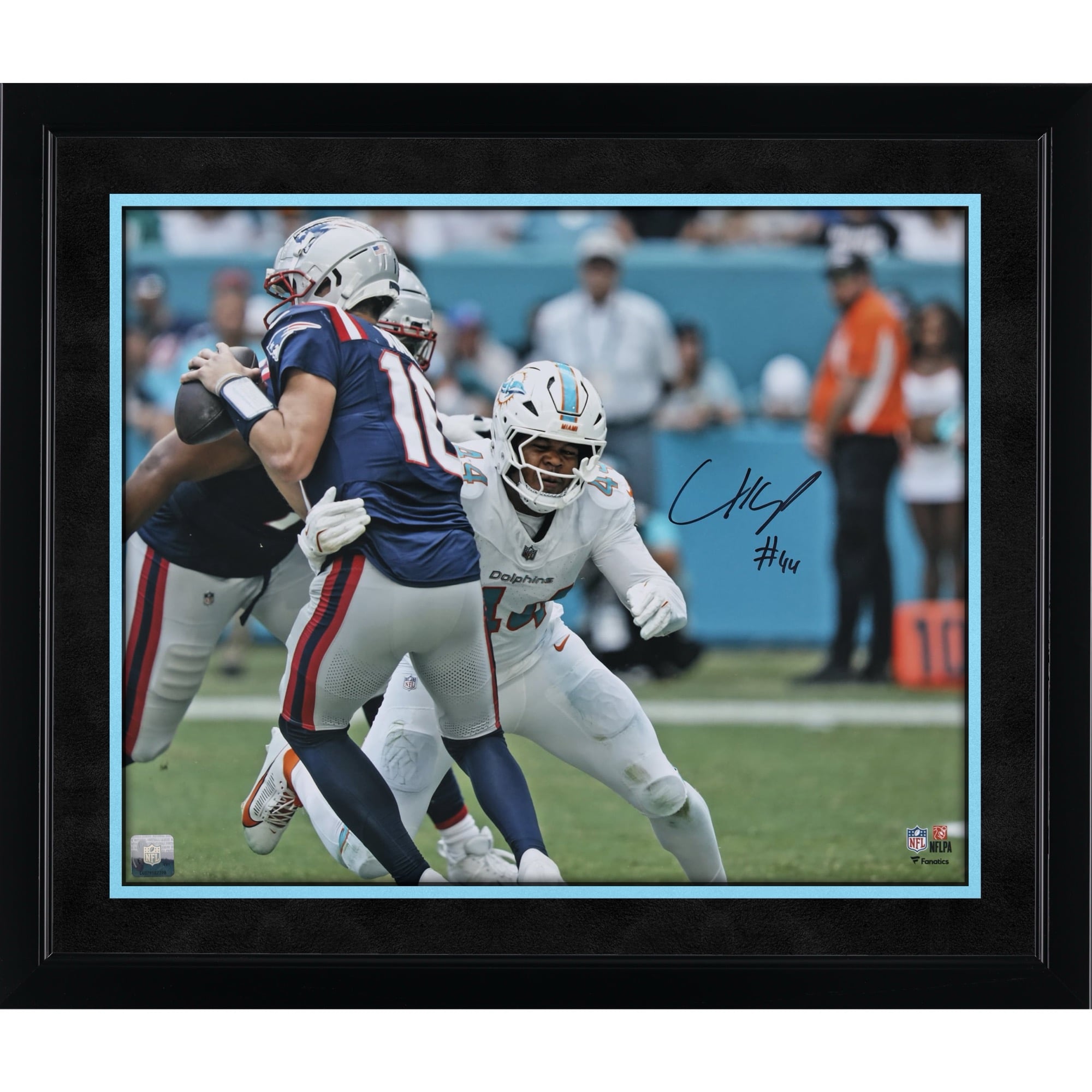 Chop Robinson Miami Dolphins Autographed "16 x 20" Sacking Drake Maye Photograph
