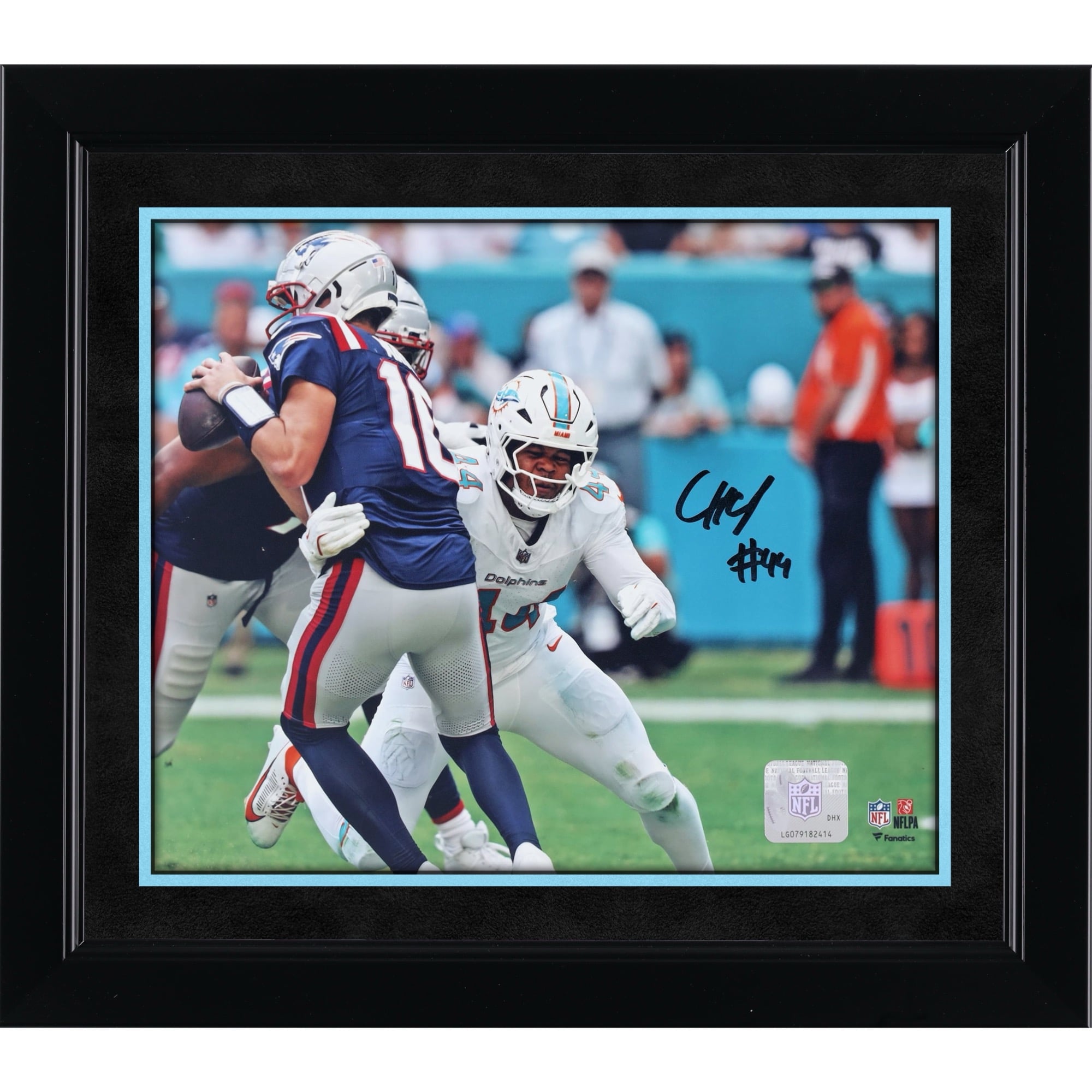 Chop Robinson Miami Dolphins Autographed 8" x 10" Sacking Drake Maye Photograph