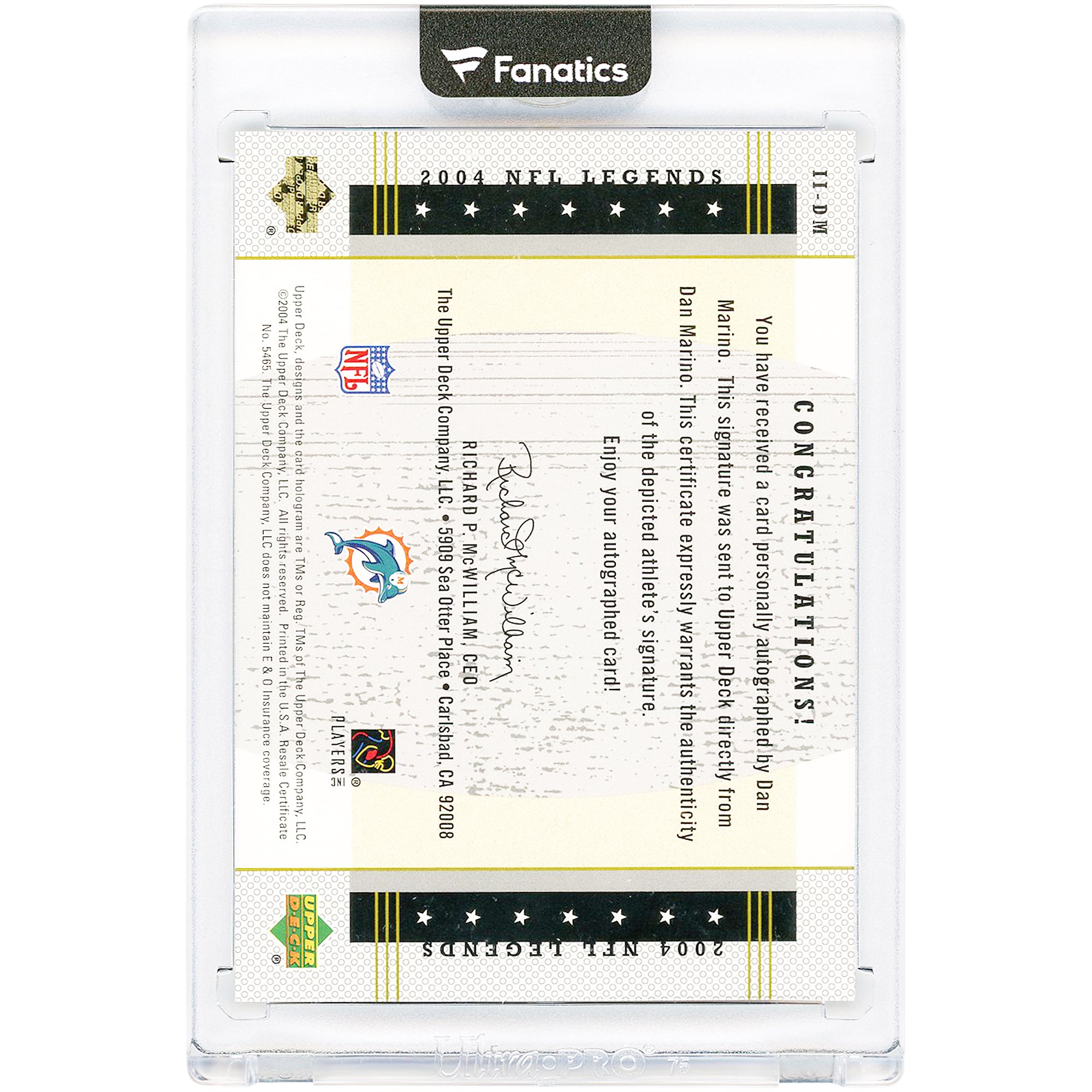 Dan Marino Miami Dolphins Autographed 2004 Upper Deck Legends Immortal Inscriptions #II-DM #36/45 Card