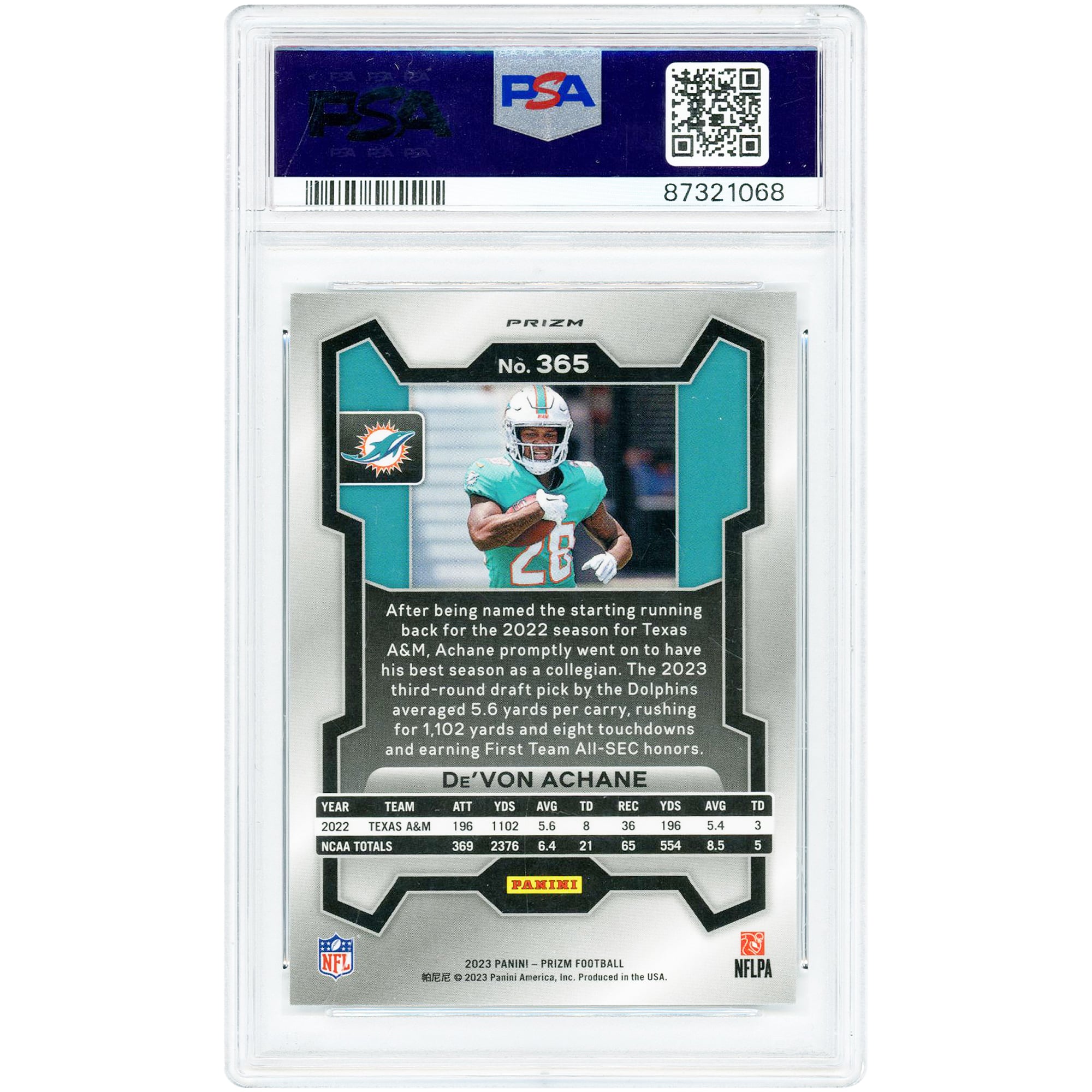 Carte de recrue De’Von Achane Miami Dolphins 2023 Panini Prizm Silver Prizm n° 365 authentifiée PSA 10