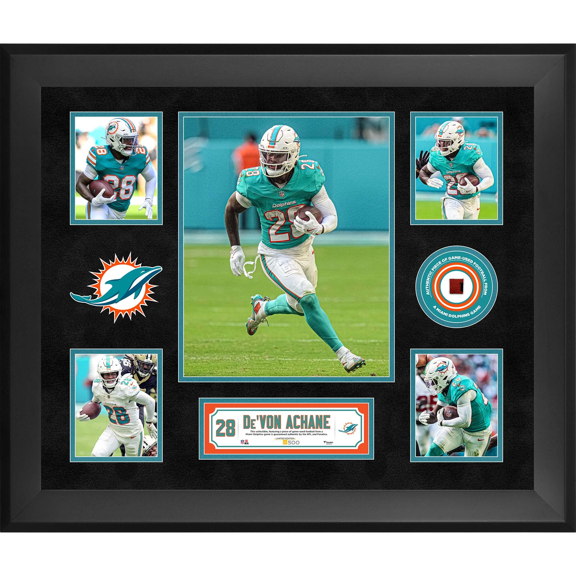 Collage encadré de 5 photos de De’Von Achane (Miami Dolphins) 20" x 24" avec un morceau de ballon de football américain utilisé lors d'un match - Édition limitée à 500 exemplaires