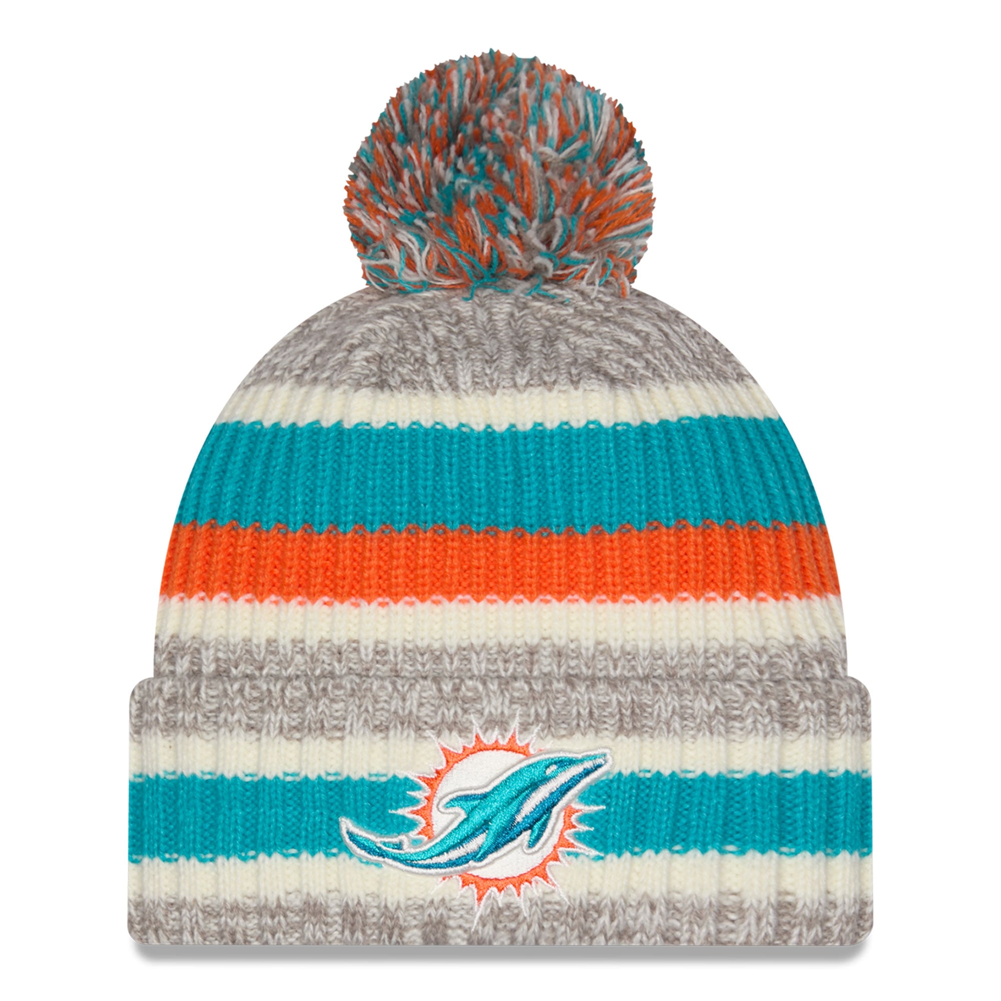 Bonnet à revers rayé Miami Dolphins, bleu turquoise et beige, avec pompon, pour fille/adolescente New Era.
