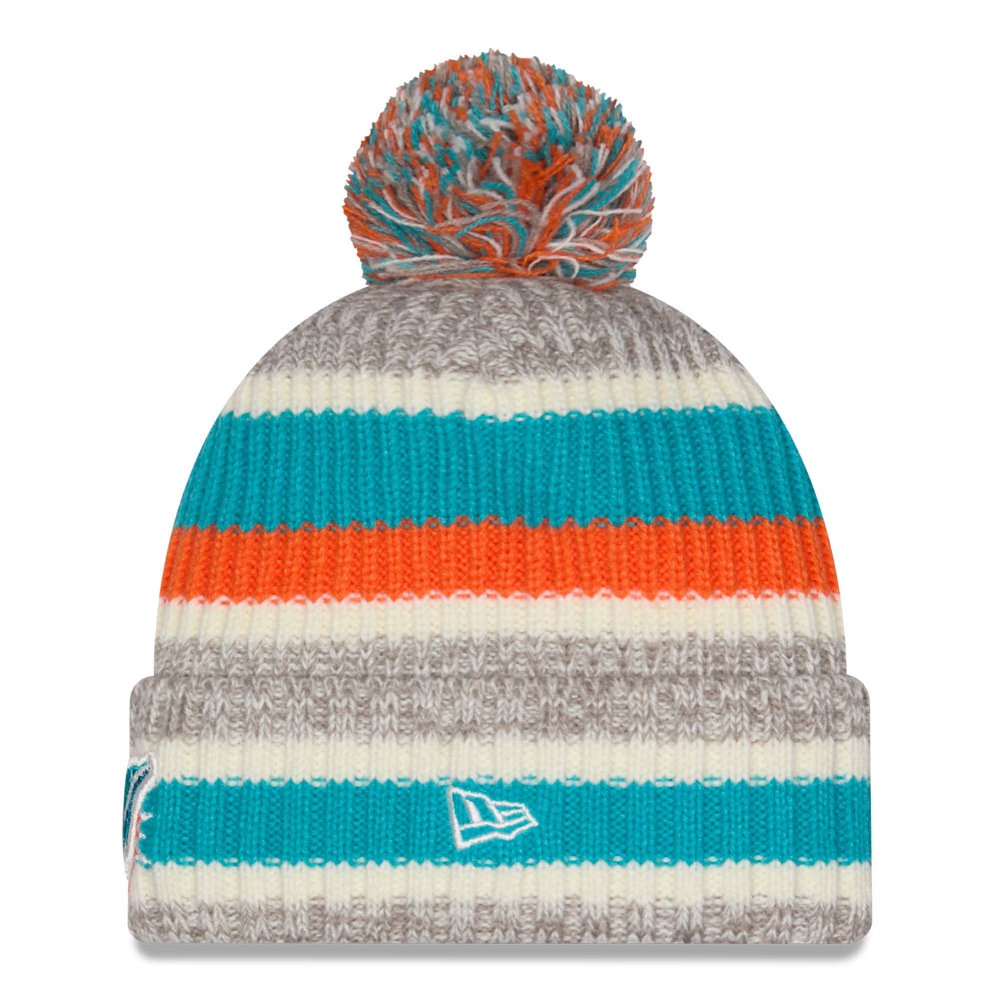 Bonnet à revers rayé Miami Dolphins, bleu turquoise et beige, avec pompon, pour fille/adolescente New Era.