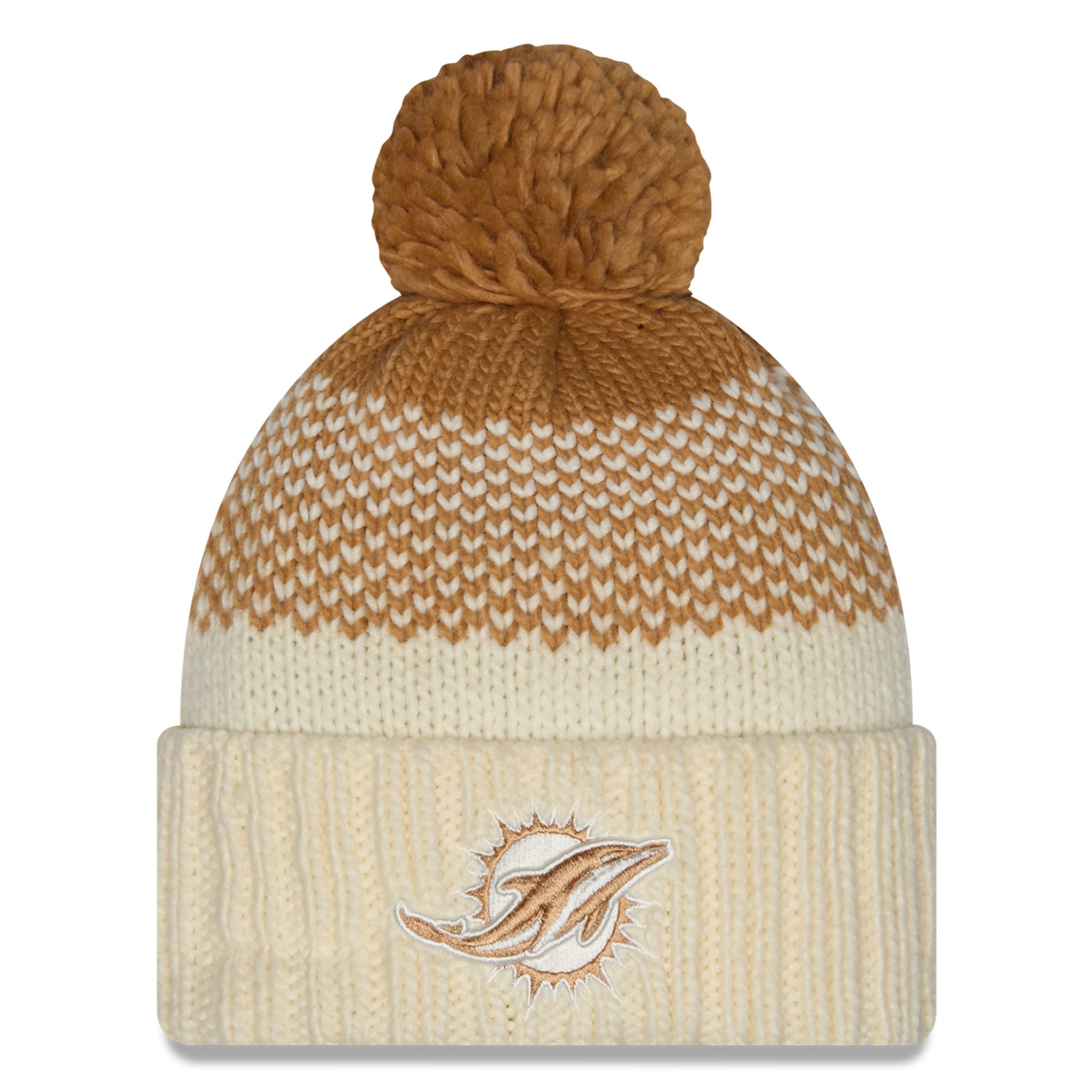 Bonnet à revers New Era crème/marron Miami Dolphins avec pompon