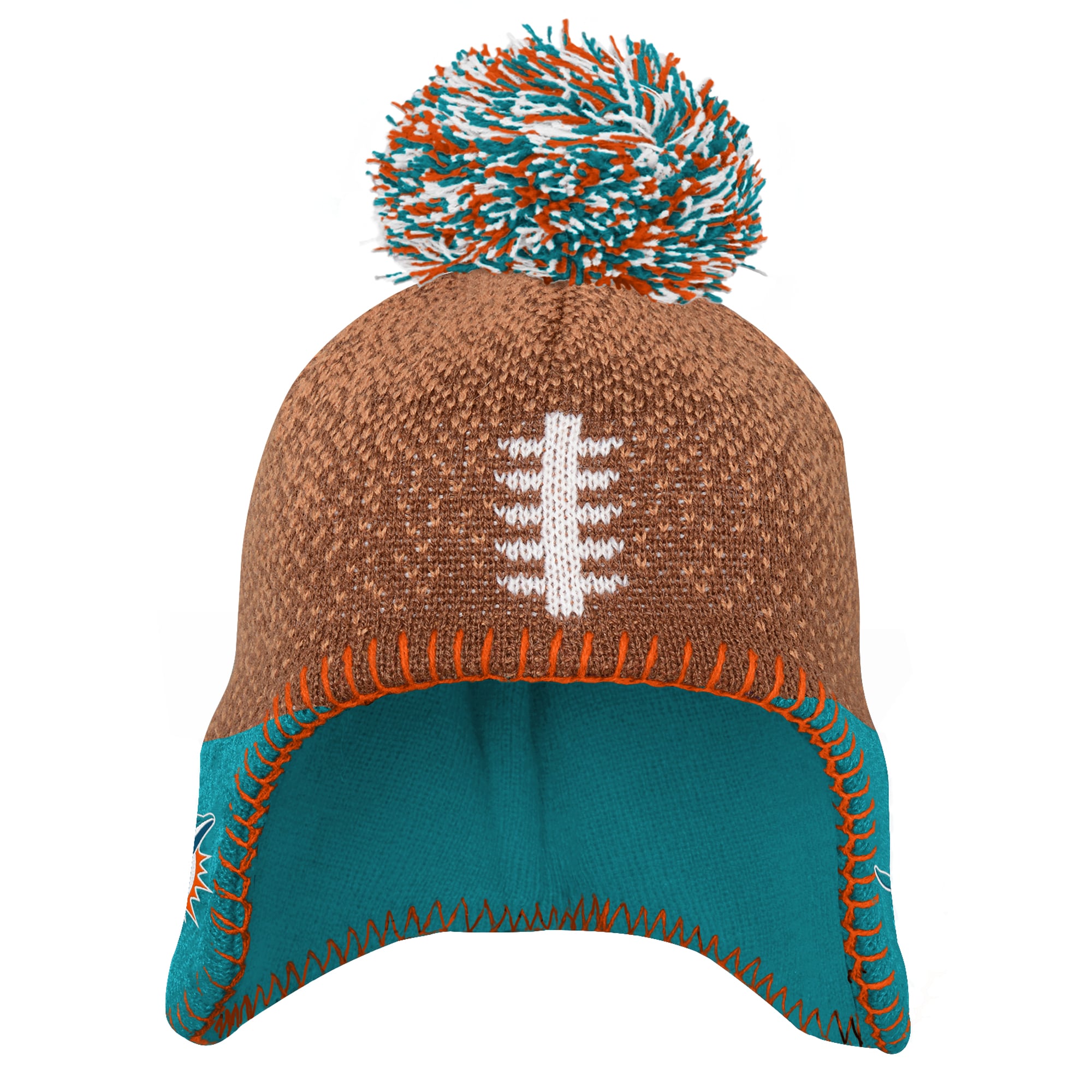 Bonnet tricoté marron à pompon avec motif tête de football américain des Dolphins de Miami, modèle Miami Dolphins, pour bébé