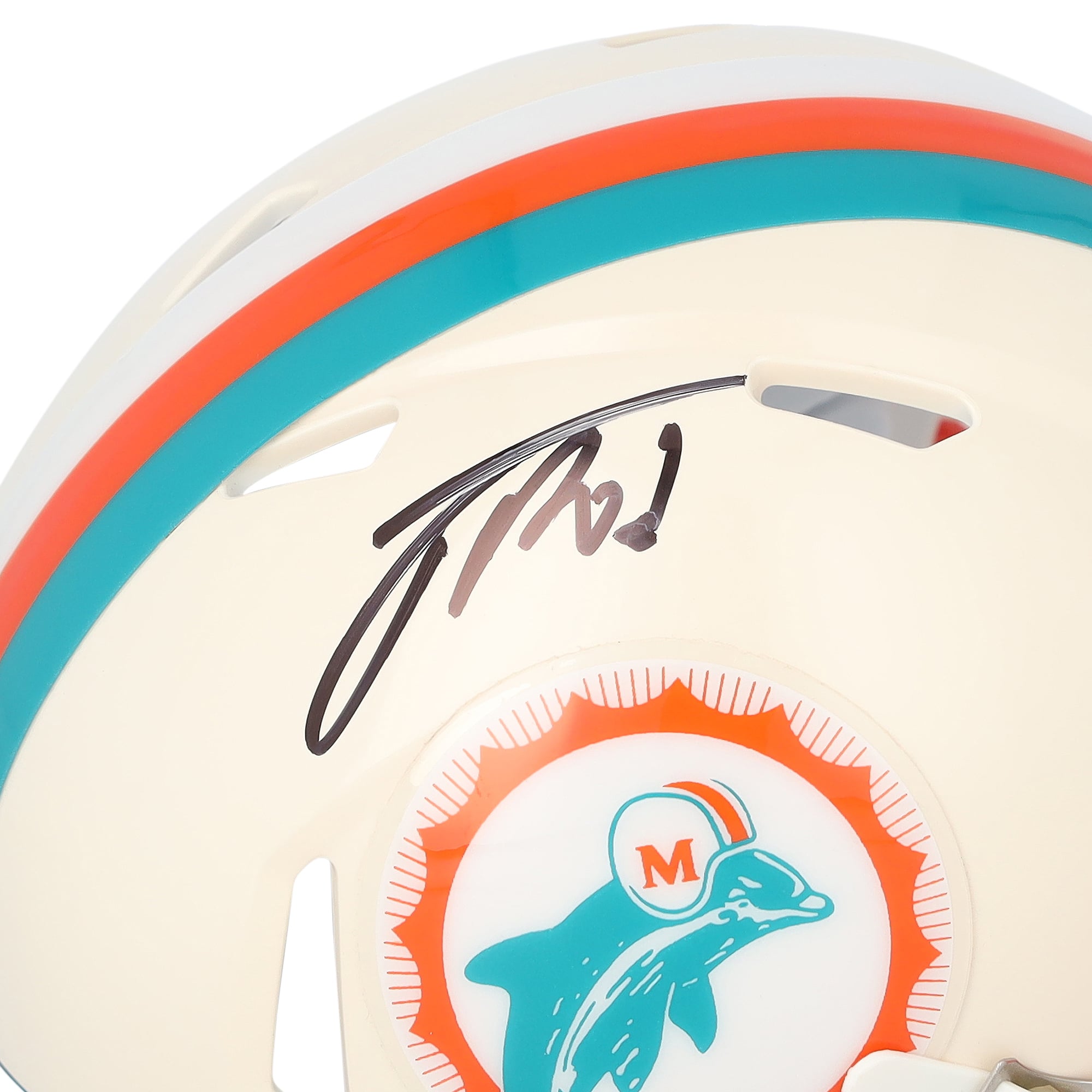 Casque Riddell Retro Speed Mini autographié par Jacob Rodriguez, joueur des Dolphins de Miami