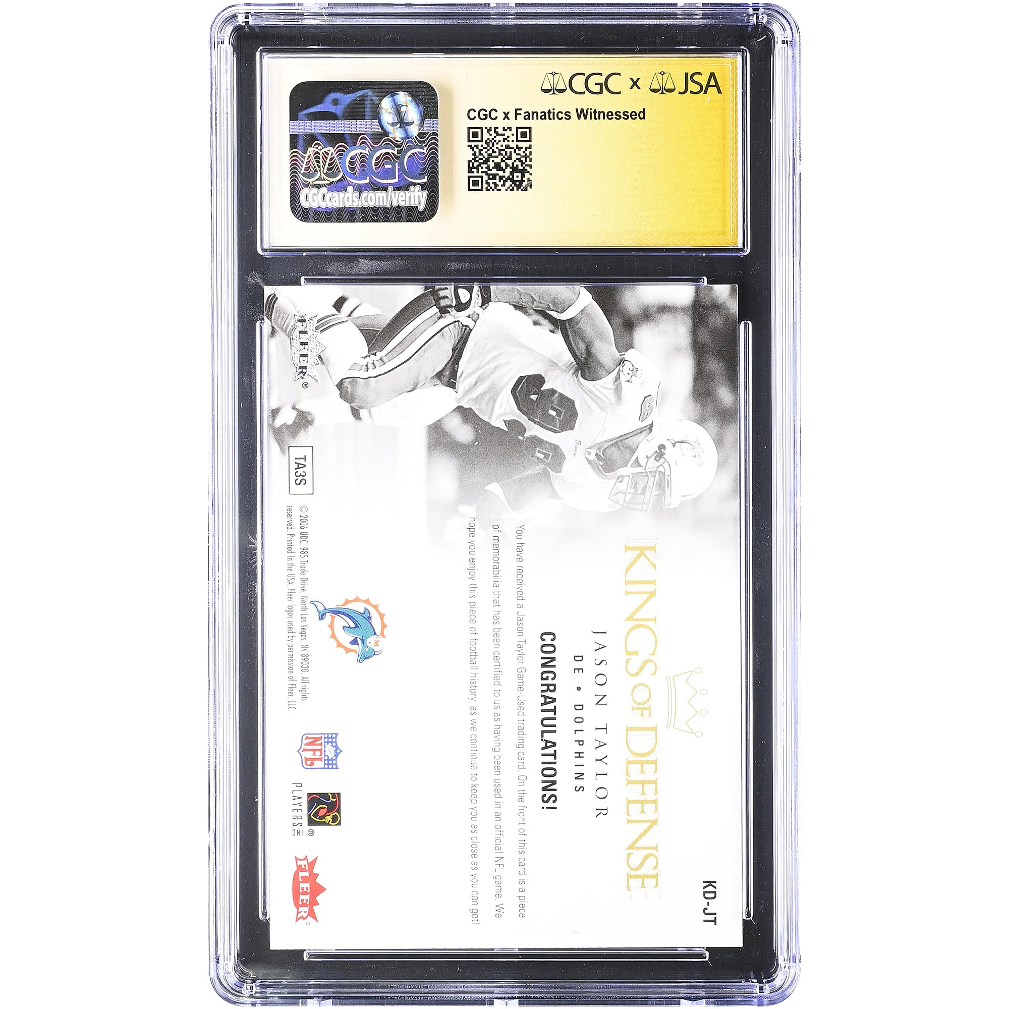 Jason Taylor Miami Dolphins Autographed 2006 Fleer Ultra Kings of Defense #KD-JT CGC Fanatics Witnessed Authenticated MINT 9 Card with "HOF 17" Inscription
