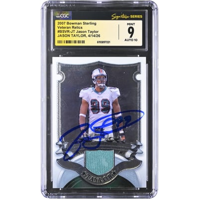 Jason Taylor Miami Dolphins Autographed 2007 Bowman Sterling Veteran Relics #BSVR-JT CGC Fanatics Witnessed Authenticated 9/10 Card