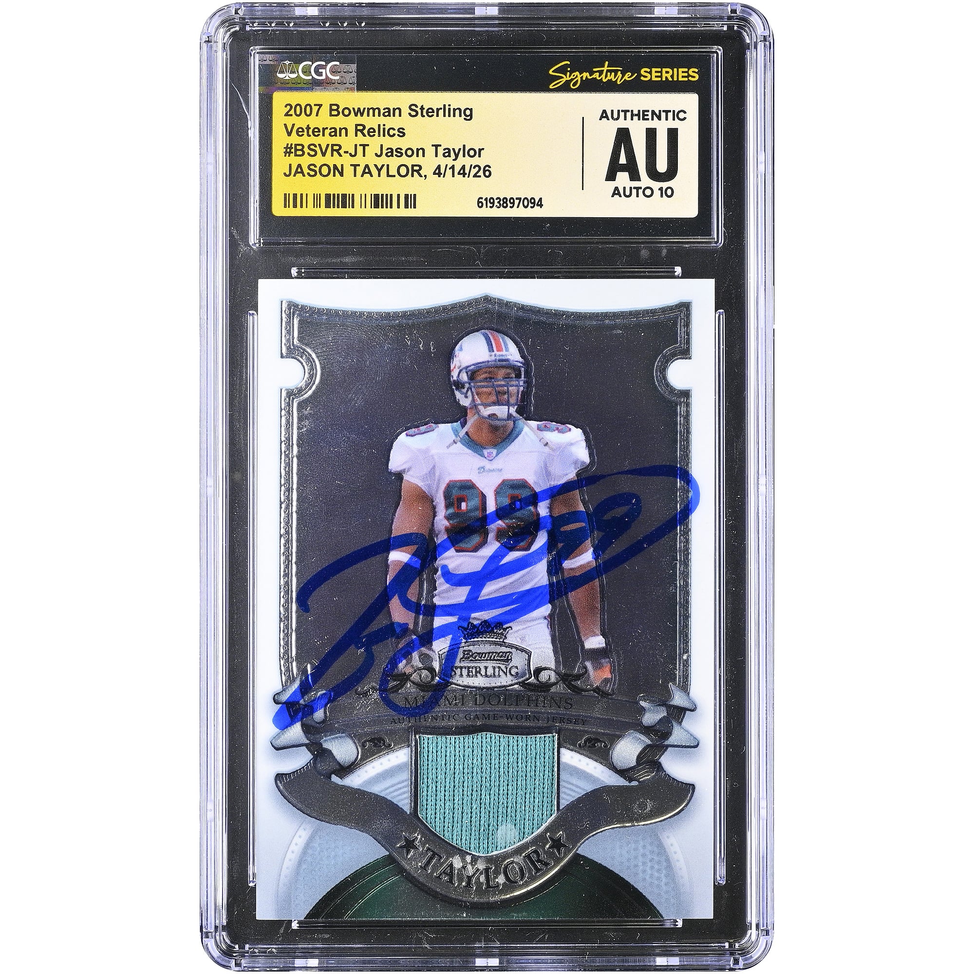 Carte autographiée Jason Taylor (Miami Dolphins) 2007 Bowman Sterling Veteran Relics #BSVR-JT, authentifiée CGC Fanatics Witnessed AUTO 10