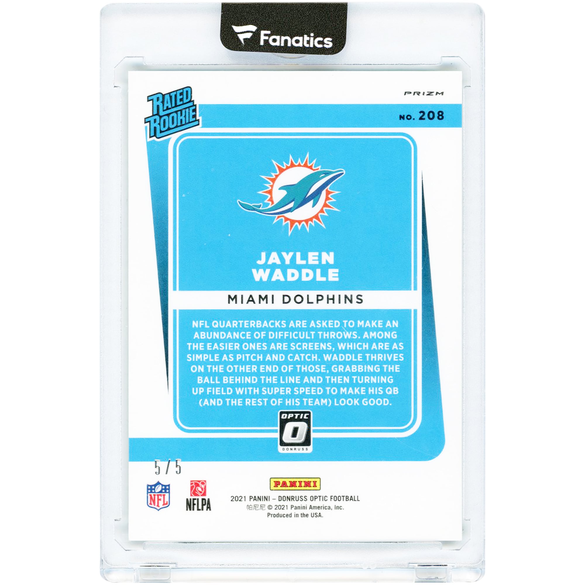 Carte de recrue Jaylen Waddle Miami Dolphins 2021 Panini Donruss Optic Green Prizm n° 208, n° 5/5