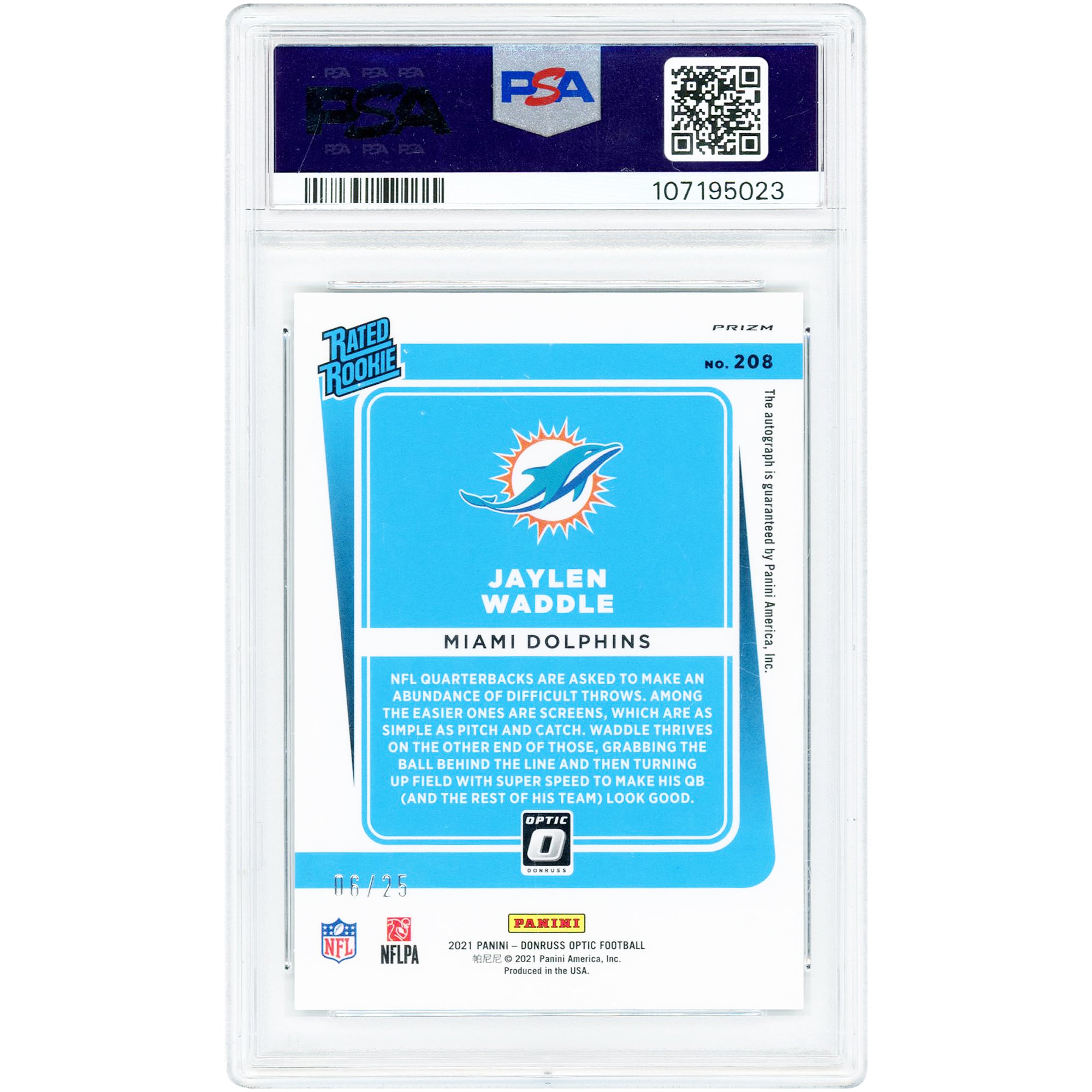Carte de recrue autographiée de Jaylen Waddle (Miami Dolphins) 2021 Panini Donruss Optic Rated Black Pandora Prizm #208 #6/25, authentifiée PSA 10.