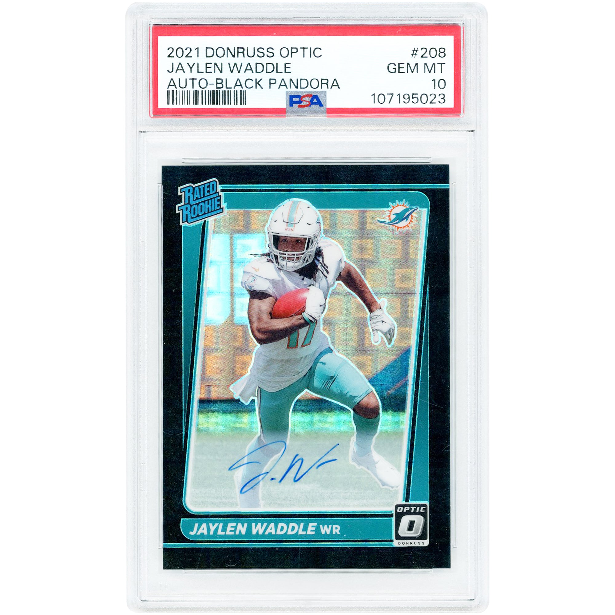 Carte de recrue autographiée de Jaylen Waddle (Miami Dolphins) 2021 Panini Donruss Optic Rated Black Pandora Prizm #208 #6/25, authentifiée PSA 10.