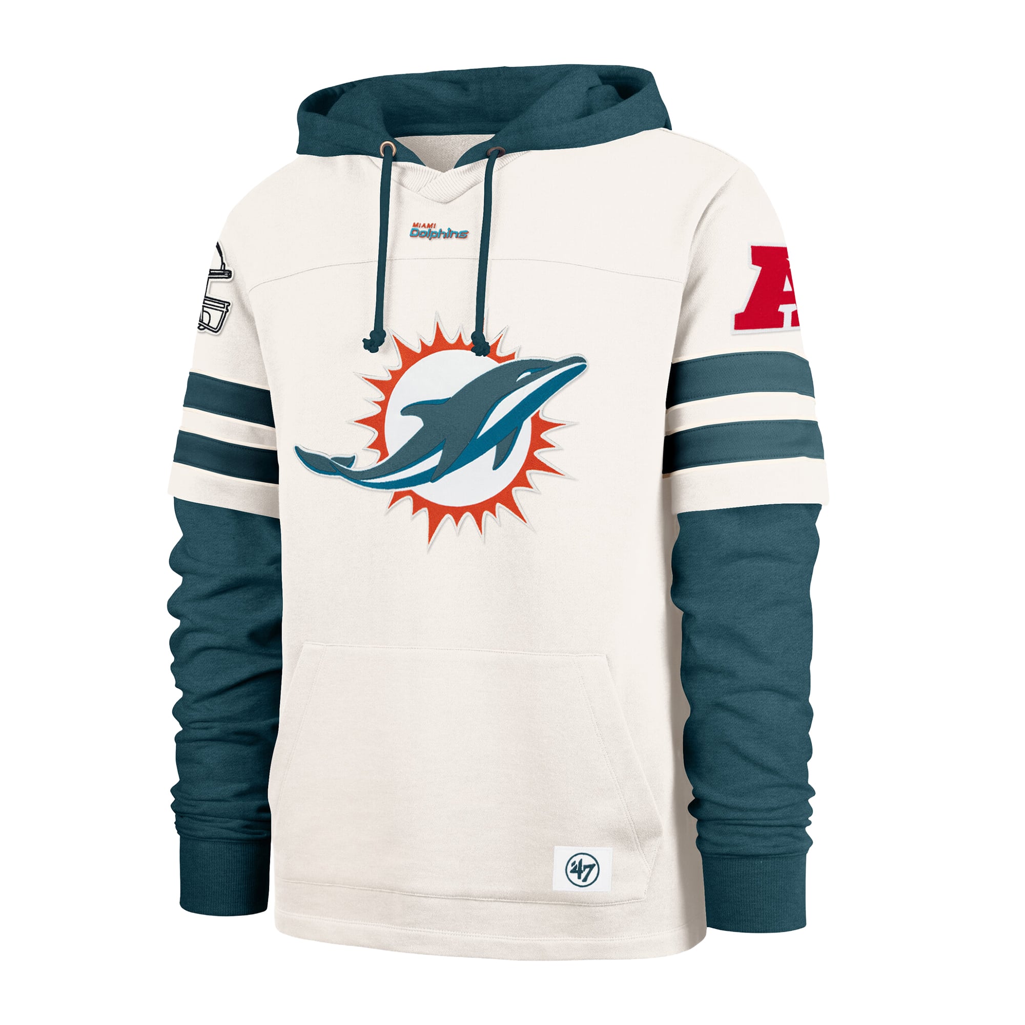 Men's '47 Cream Miami Dolphins Split Zone Cornerback Duo Lacer Hoodie