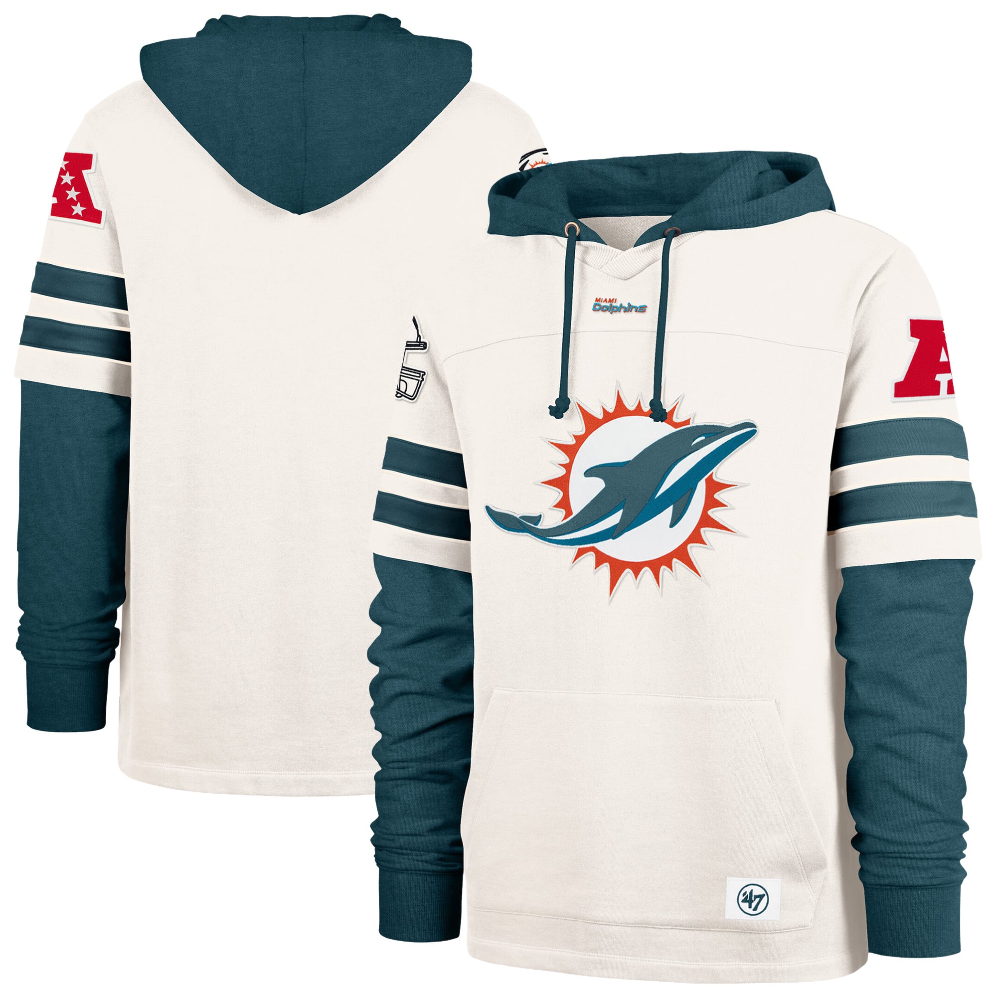 Men's '47  Cream Miami Dolphins Split Zone Cornerback Duo Lacer Hoodie