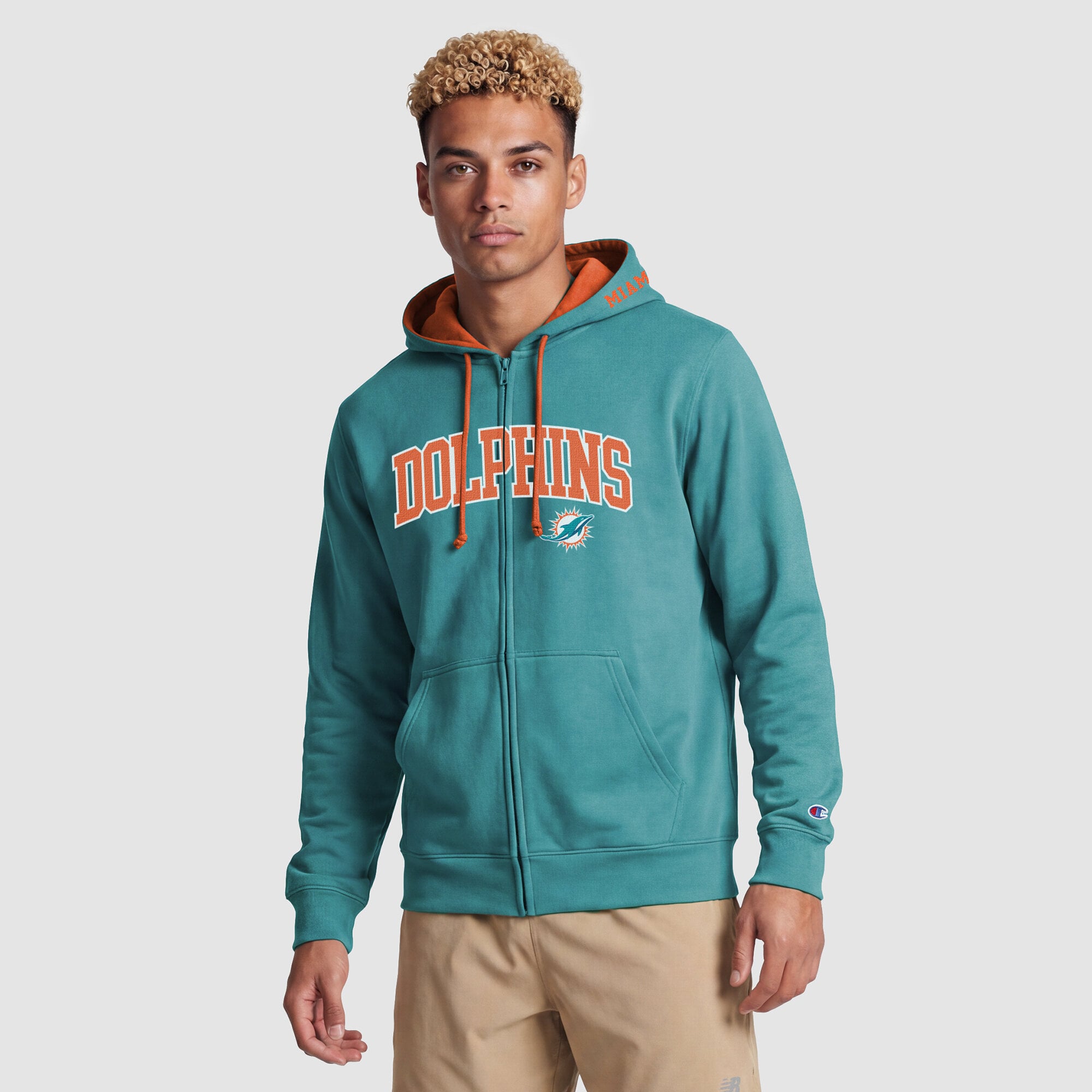 Sweat à capuche zippé Champion Aqua/Orange Miami Dolphins pour homme