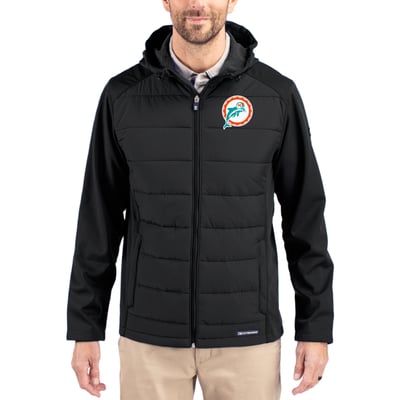 Miami Dolphins Cutter & Buck Throwback Evoke Hybrid Eco Softshell Recycled Full-Zip Hoodie Jacket - Black