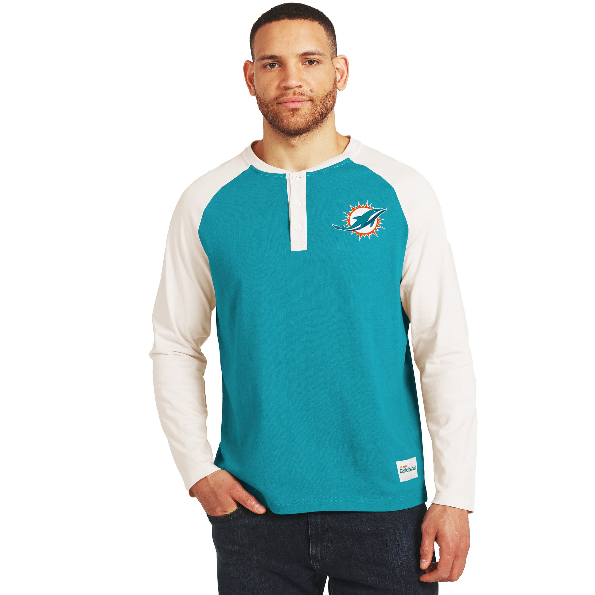 T-shirt à manches longues Henley Miami Dolphins, collection Darius Rucker pour homme par Fanatics, couleur aqua/crème.