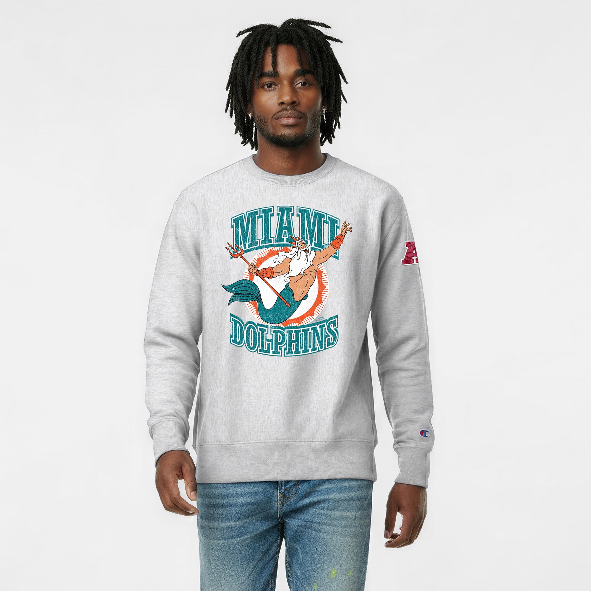 Sweat-shirt homme Disney x Champion gris chiné Miami Dolphins King Triton Reverse Weave