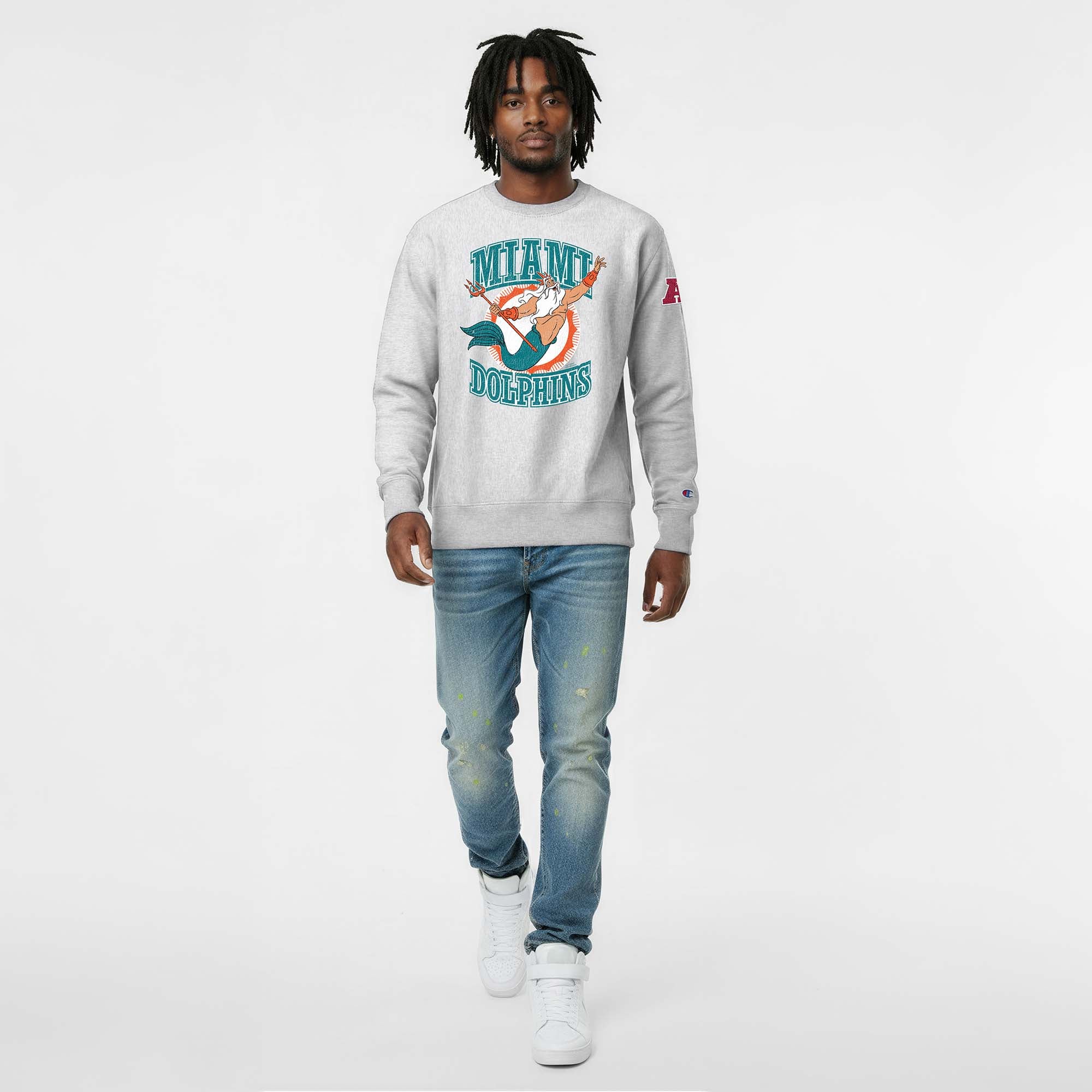 Sweat-shirt homme Disney x Champion gris chiné Miami Dolphins King Triton Reverse Weave