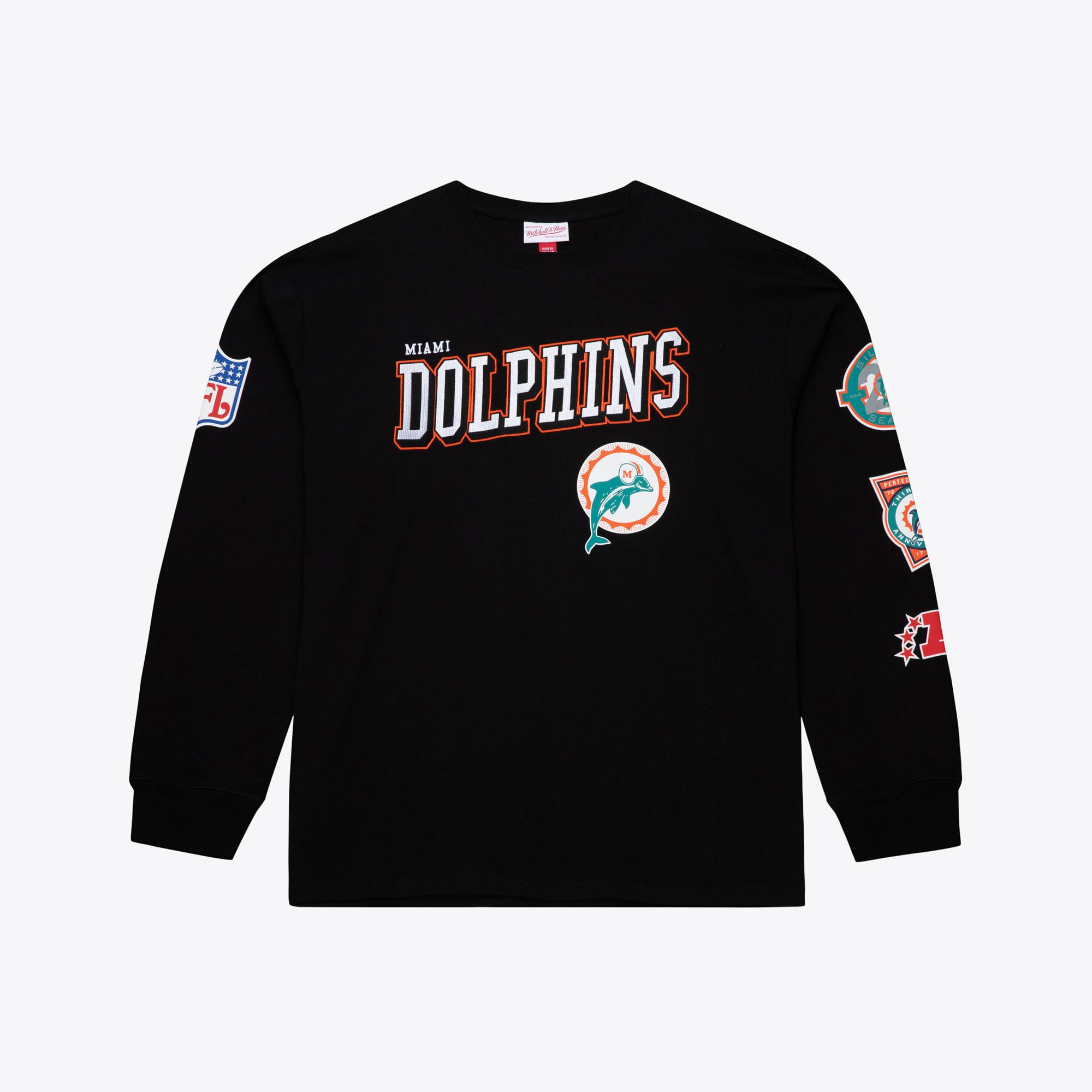 T-shirt à manches longues Mitchell & Ness noir pour homme, Miami Dolphins, grandes tailles, camp d'entraînement