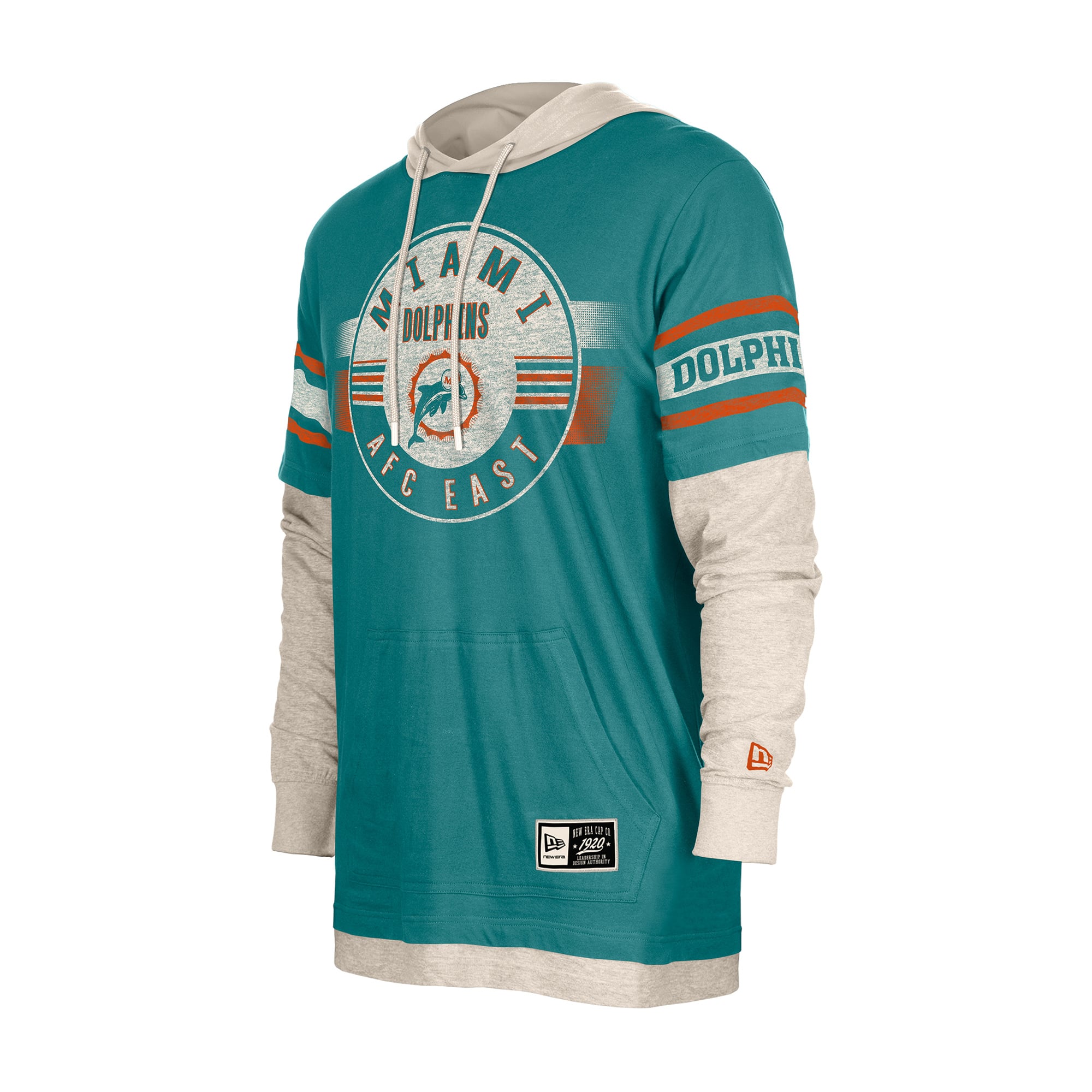 Men's New Era Aqua Miami Dolphins Twofer Layered Long Sleeve Hooded T-Shirt