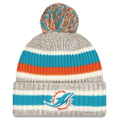 Miami Dolphins New Era Stripe Cuff Knit Hat with Pom - Aqua/Gray