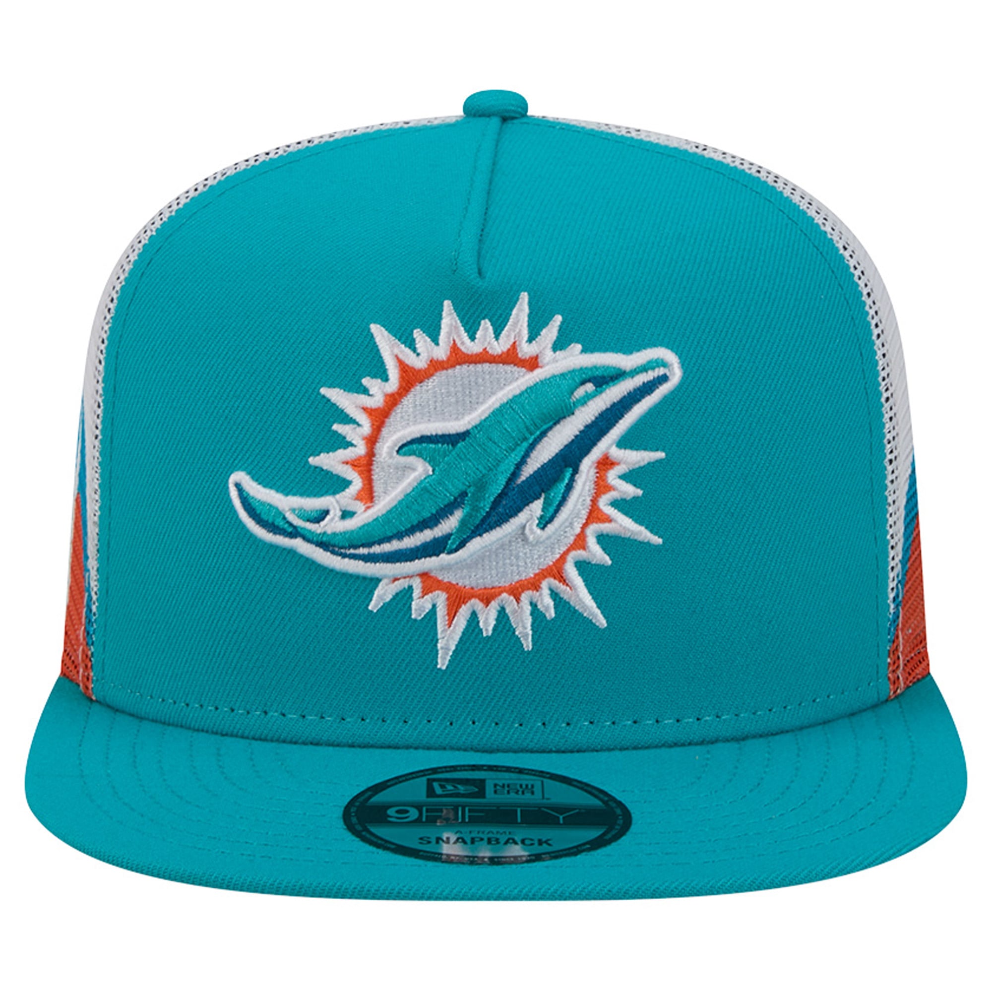 Men's New Era Aqua/Orange Miami Dolphins Mesh A-Frame 9FIFTY Snapback Trucker Hat