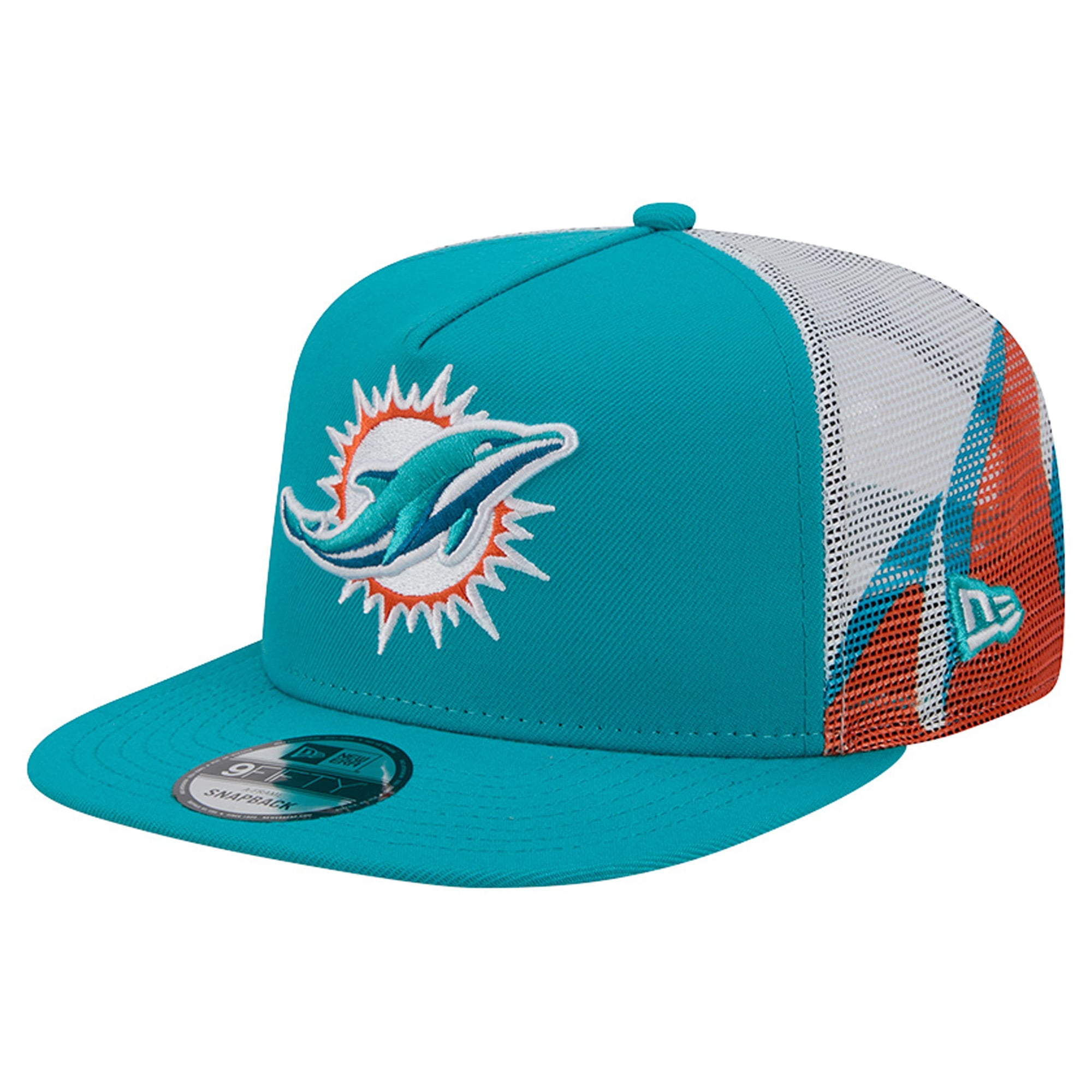 Men's New Era Aqua/Orange Miami Dolphins Mesh A-Frame 9FIFTY Snapback Trucker Hat