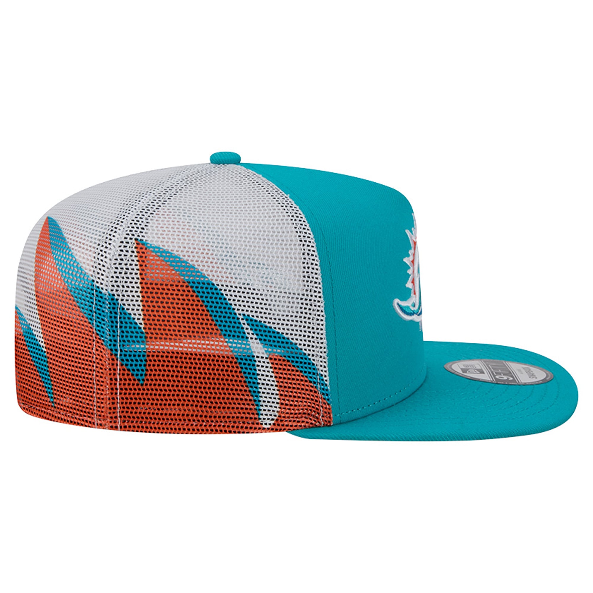 Men's New Era Aqua/Orange Miami Dolphins Mesh A-Frame 9FIFTY Snapback Trucker Hat