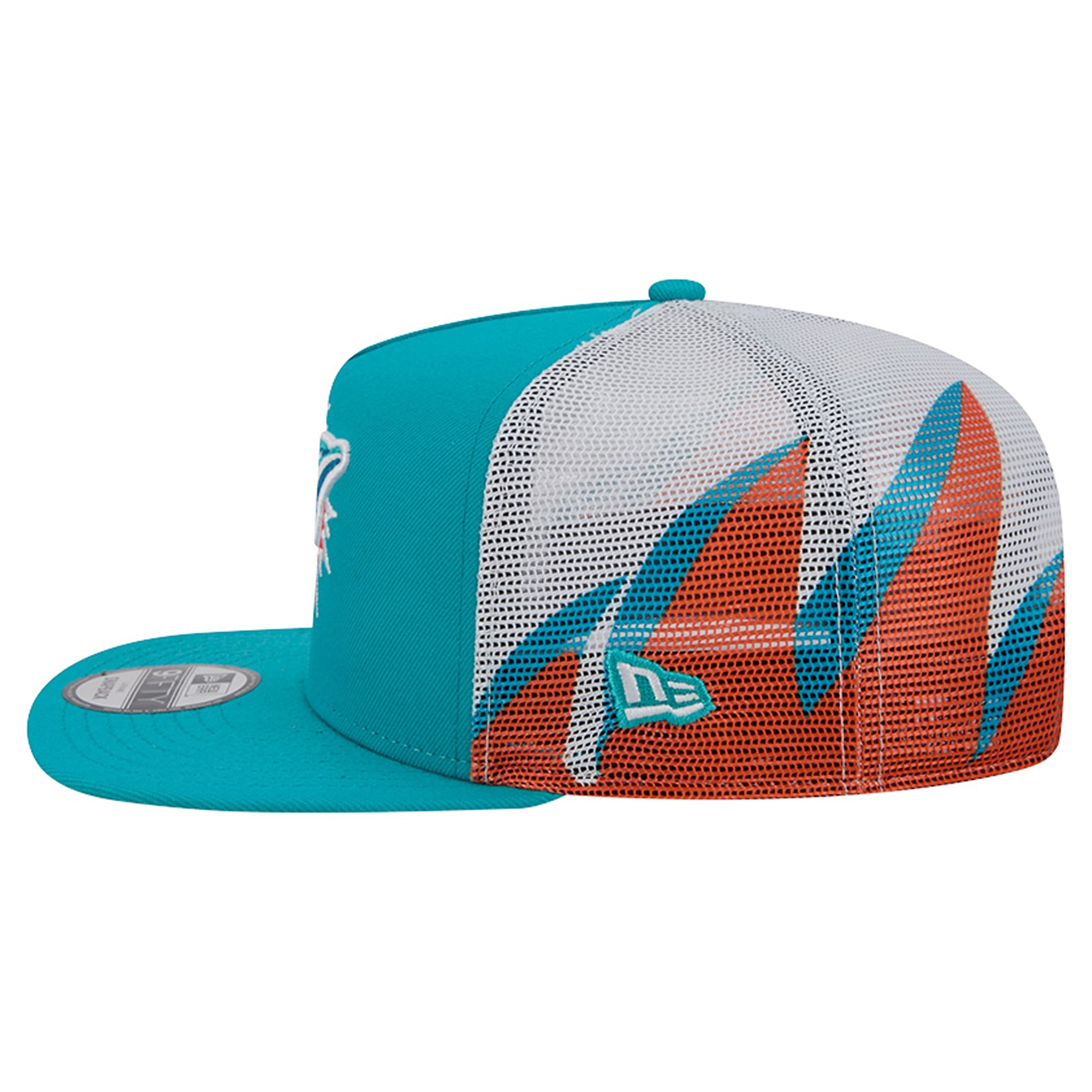 Men's New Era Aqua/Orange Miami Dolphins Mesh A-Frame 9FIFTY Snapback Trucker Hat