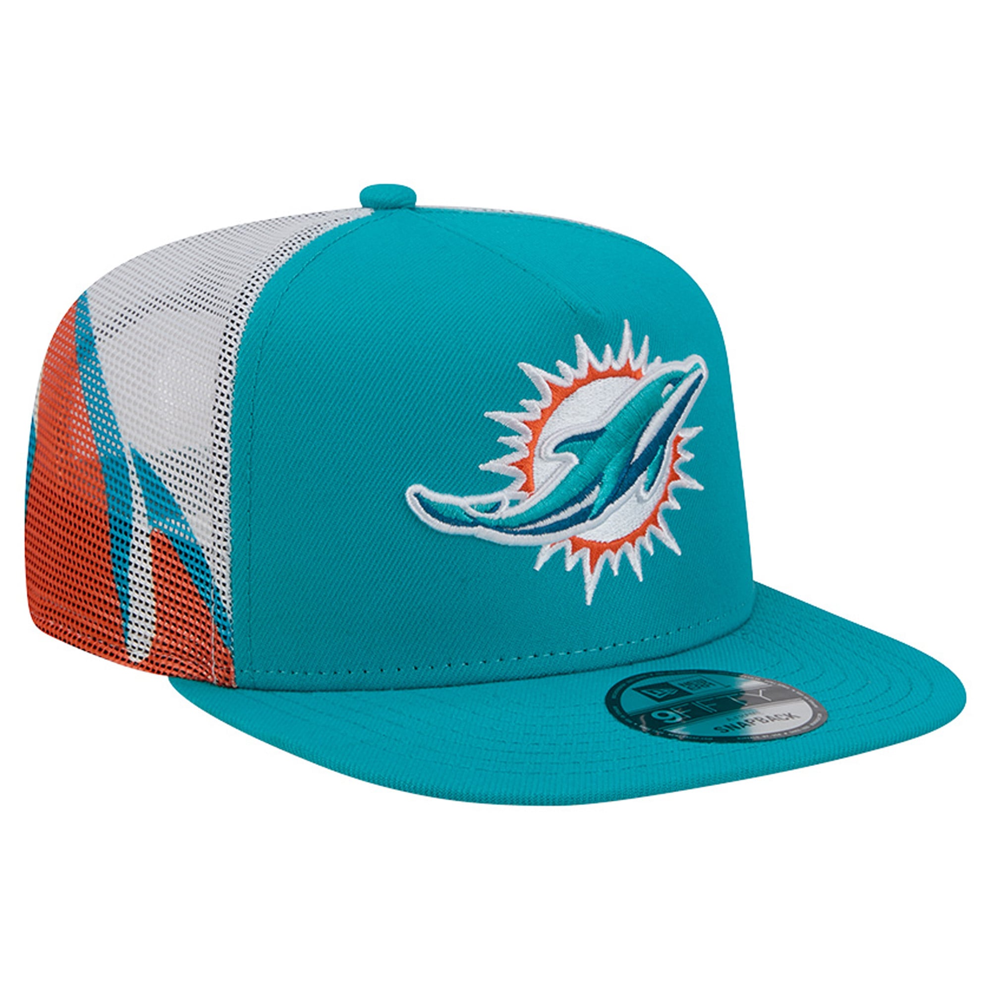 Casquette trucker New Era 9FIFTY Snapback pour homme, coloris Aqua/Orange Miami Dolphins, maille et logo A-Frame.