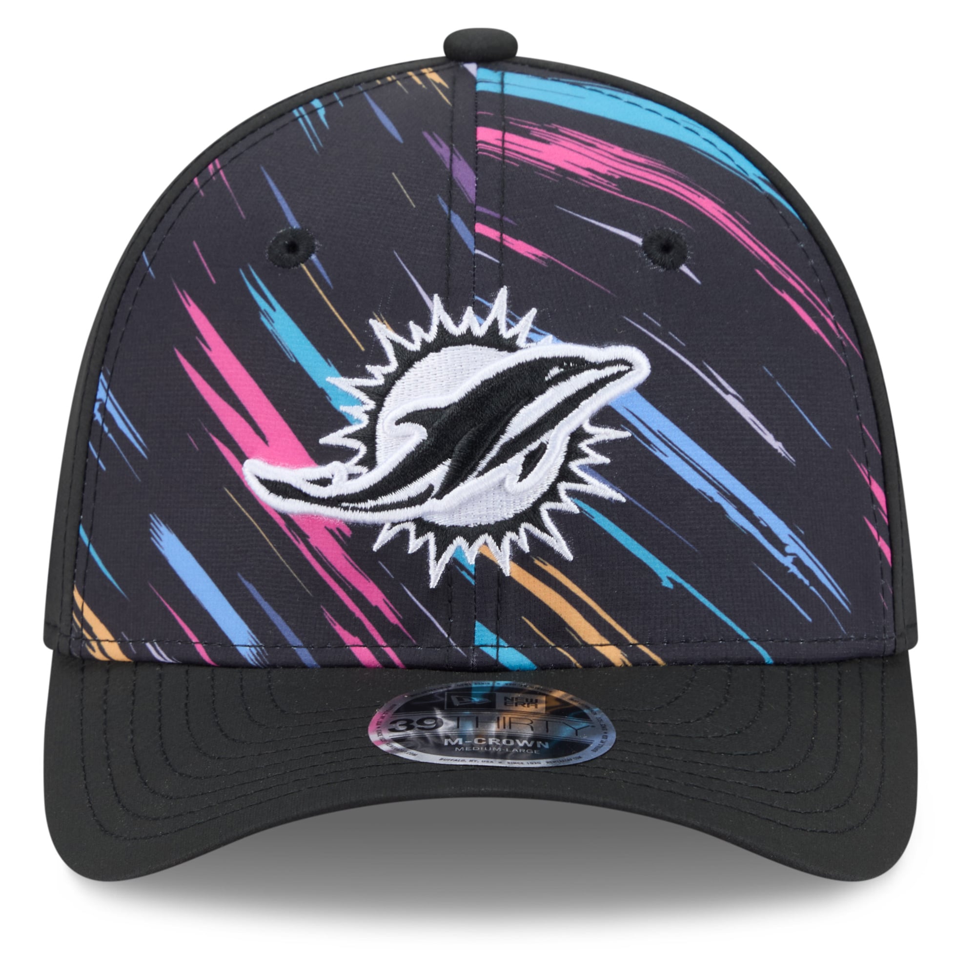 Men's New Era Black Miami Dolphins 2026 NFL Crucial Catch 39THIRTY M-Crown Stretch Hat
