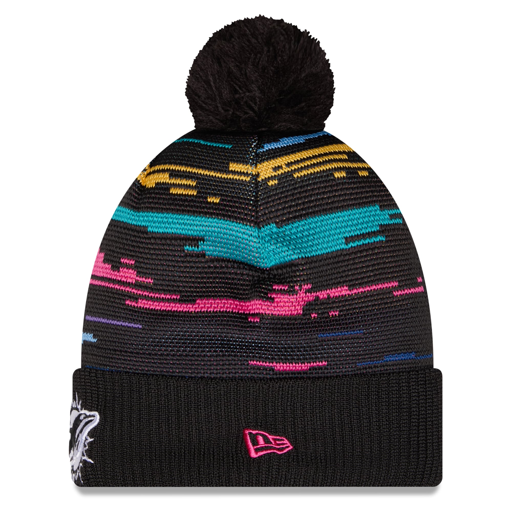 Men's New Era Black Miami Dolphins 2026 NFL Crucial Catch Cuffed Knit Hat with Pom