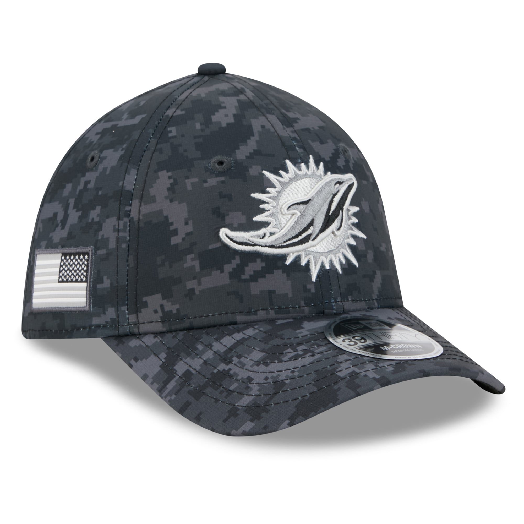 Casquette extensible New Era noire Miami Dolphins 2026 Salute To Service 39THIRTY M-Crown pour homme