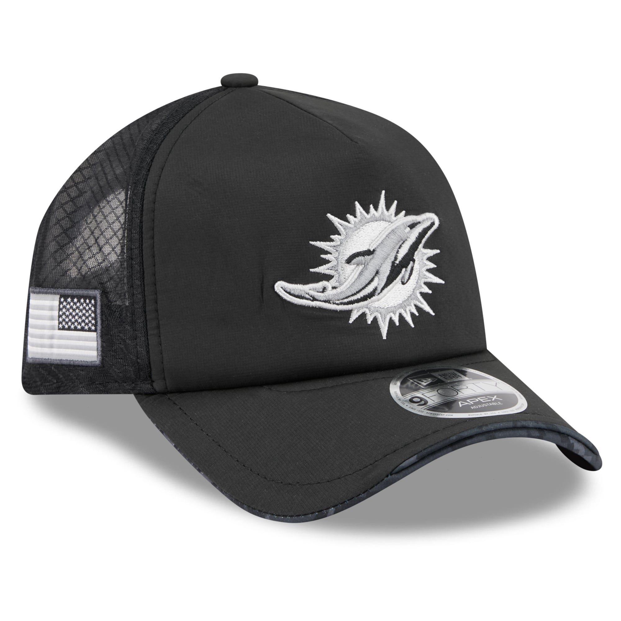 Casquette trucker ajustable New Era Apex 9FORTY noire Miami Dolphins 2026 Salute To Service pour homme