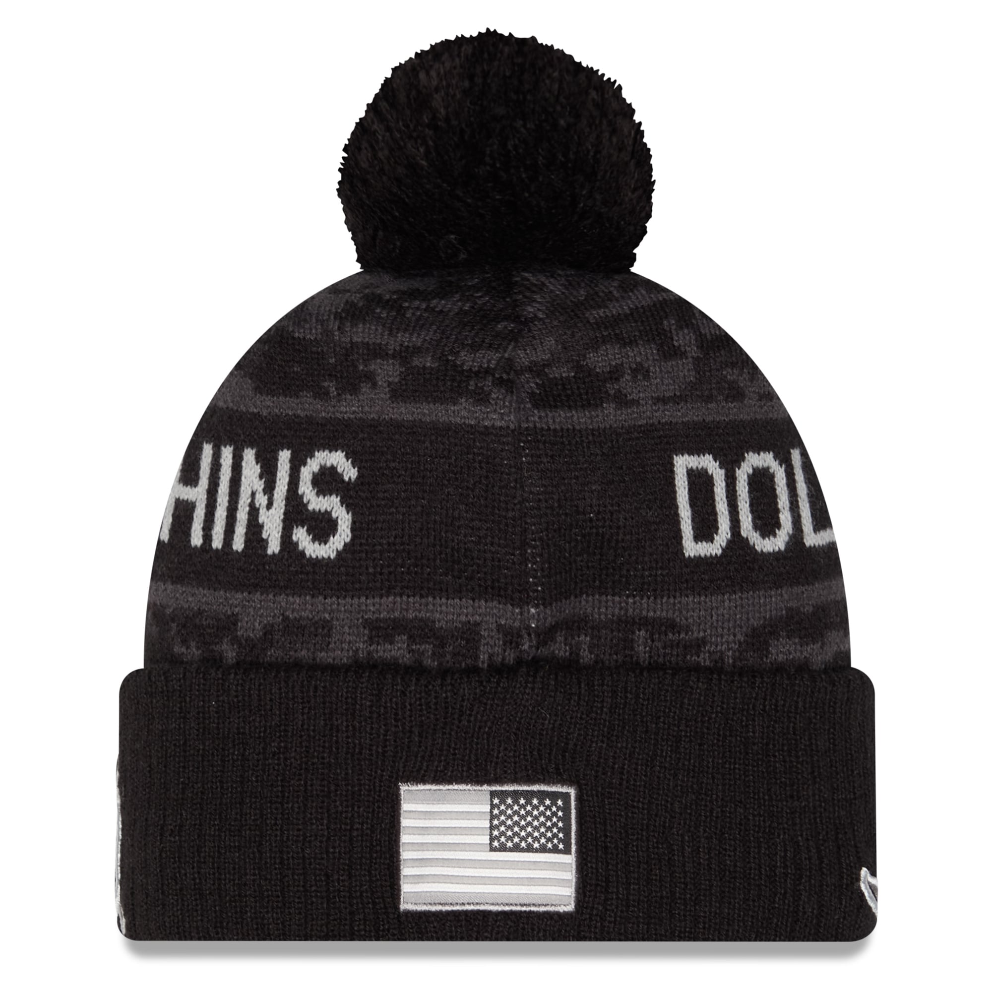 Bonnet à revers New Era noir Miami Dolphins 2026 Salute To Service pour homme, avec pompon