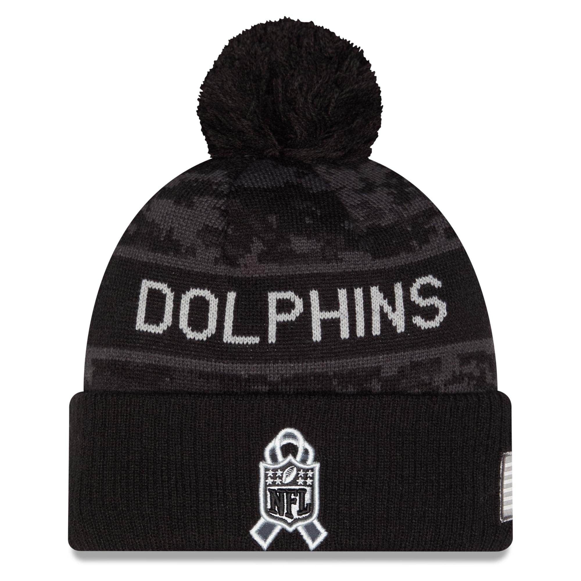 Bonnet à revers New Era noir Miami Dolphins 2026 Salute To Service pour homme, avec pompon