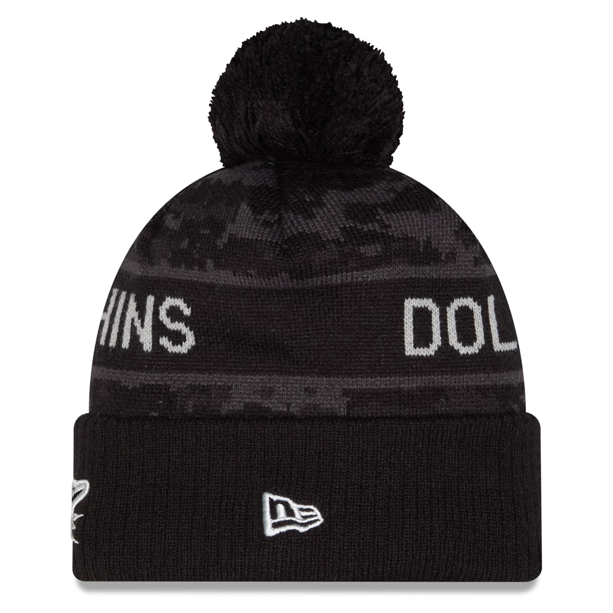 Bonnet à revers New Era noir Miami Dolphins 2026 Salute To Service pour homme, avec pompon