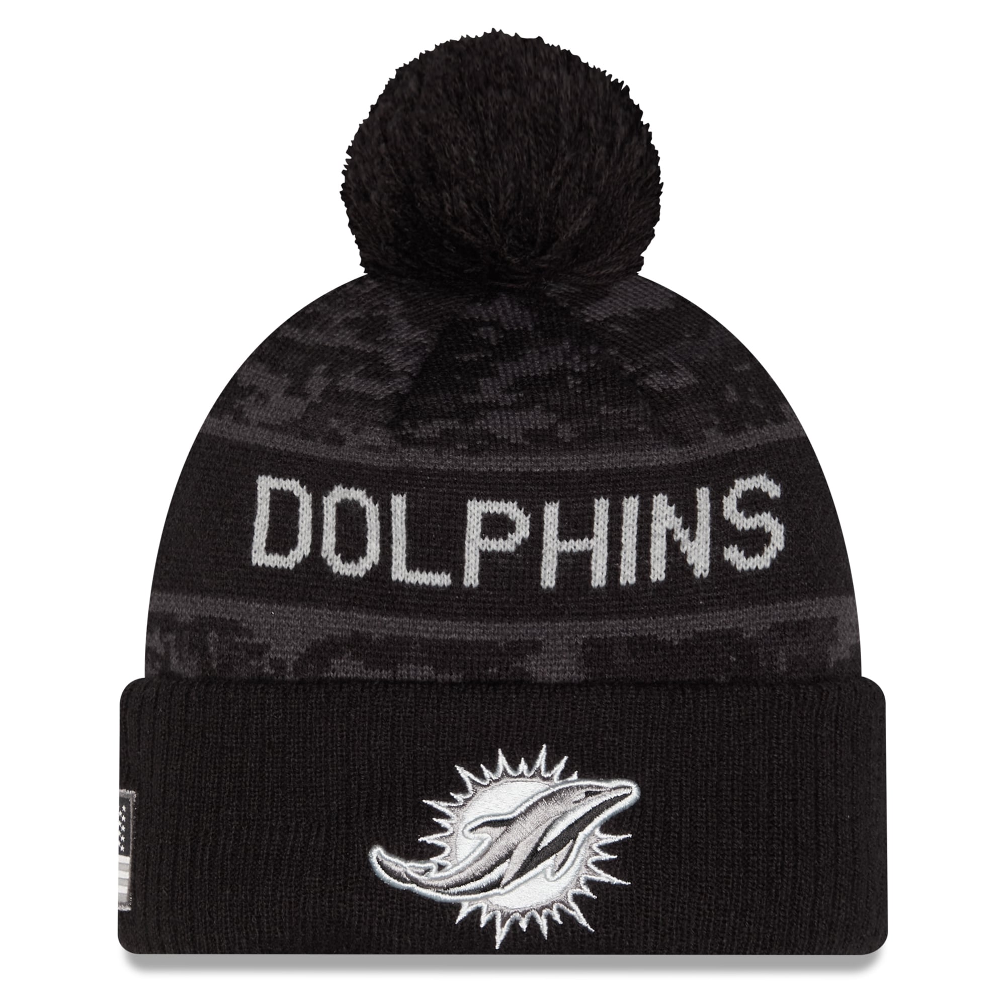 Bonnet à revers New Era noir Miami Dolphins 2026 Salute To Service pour homme, avec pompon
